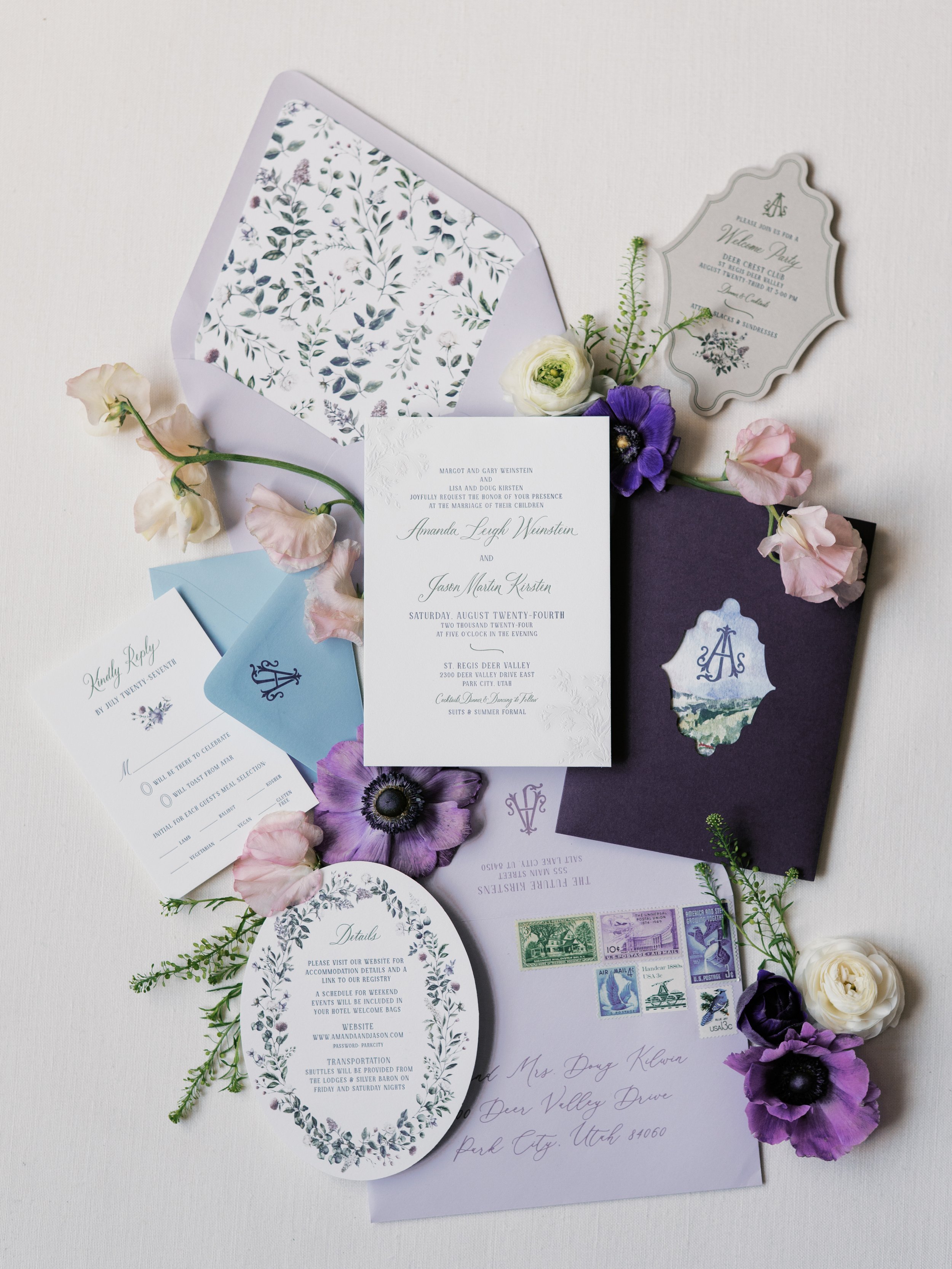 Die Cut Pocket Wedding Invitation with Watercolor Florals and Sculpted Blind Emboss in Purple, Blue and Green