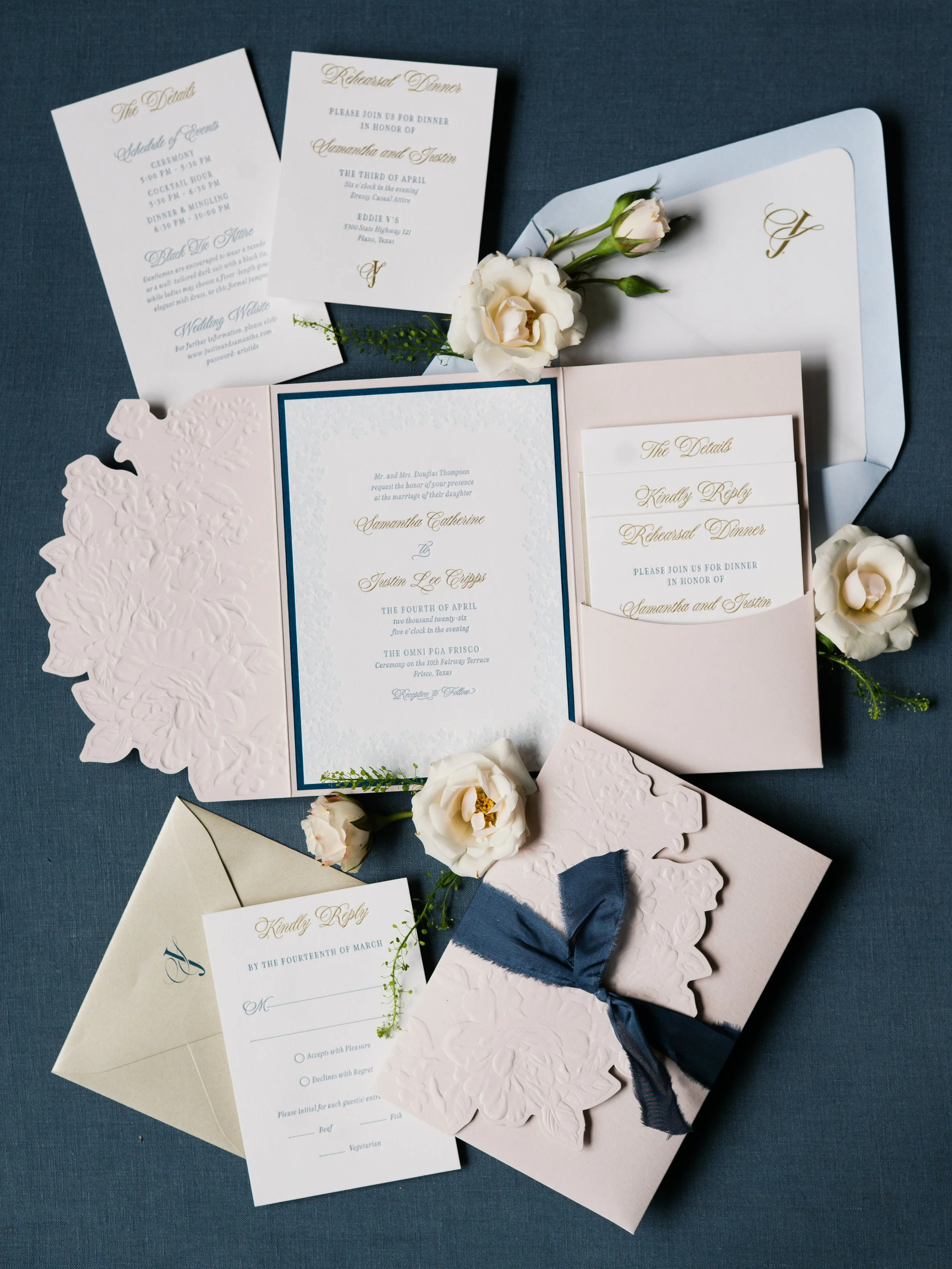 Floral Pocket Invitation with Sculpted 3D Emboss 2-Color Blue Letterpress and Gold Foil Stamp Monogram