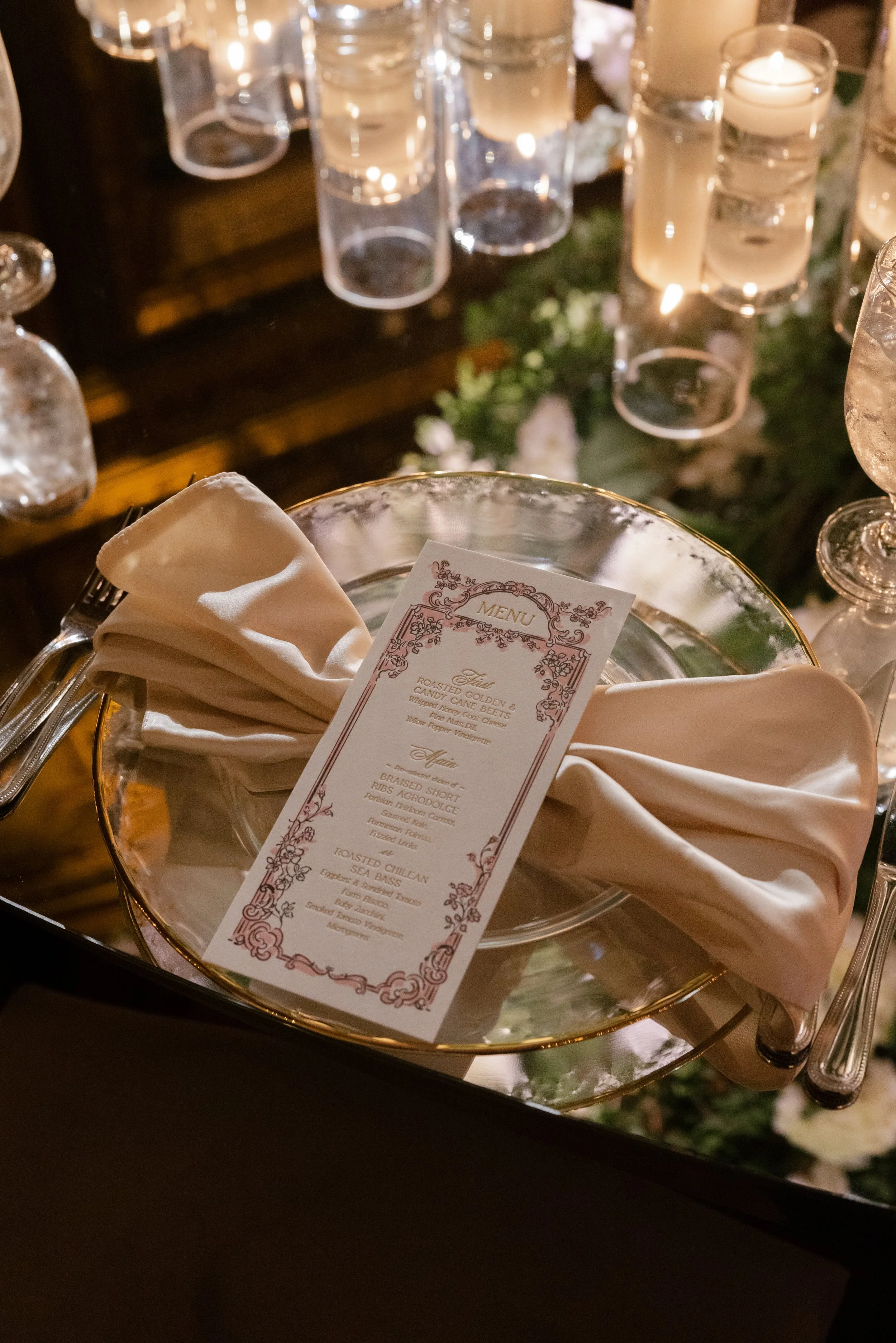 Menu with Vintage Romantic Frame in Black and Pink with Gold Foil Stamp for Metropolitan Club New York Wedding