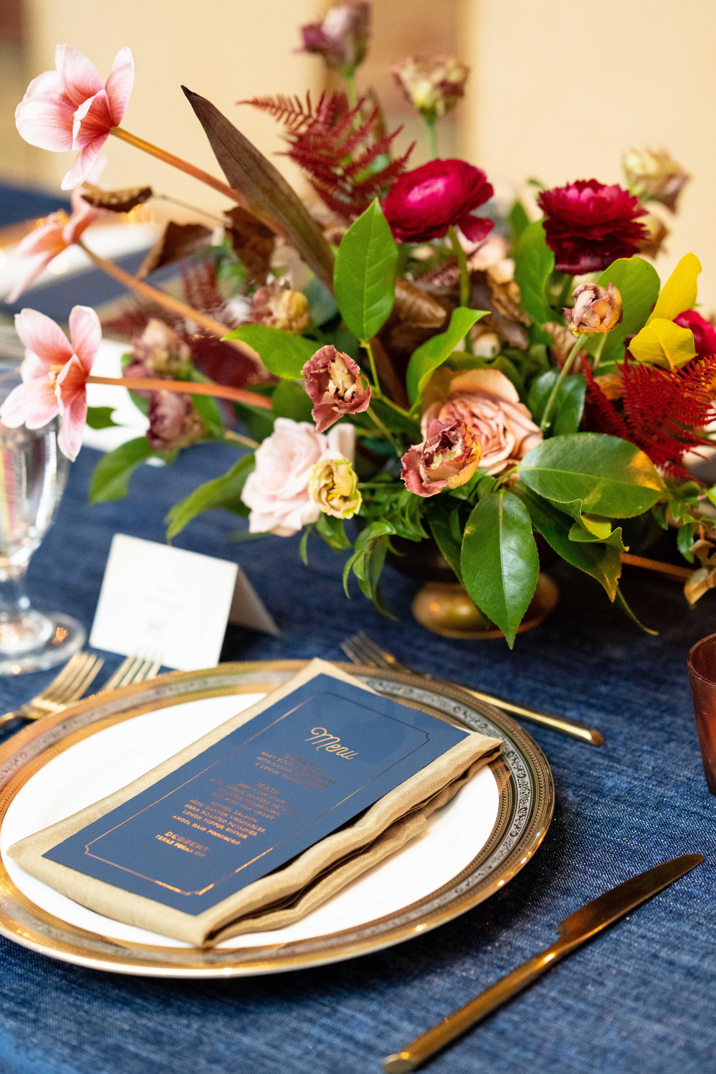 Gold Foil and Navy Menu for Western Themed Rehearsal Dinner
