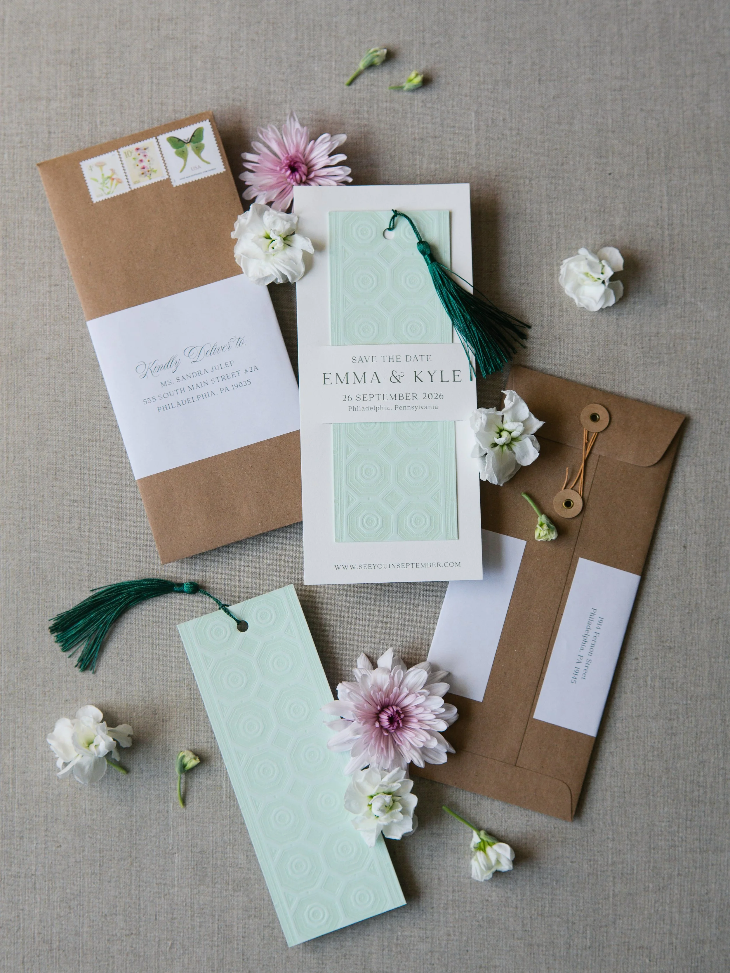 Blind Letterpress Bookmark Wedding Save the Date with Tassel in String Button Envelope
