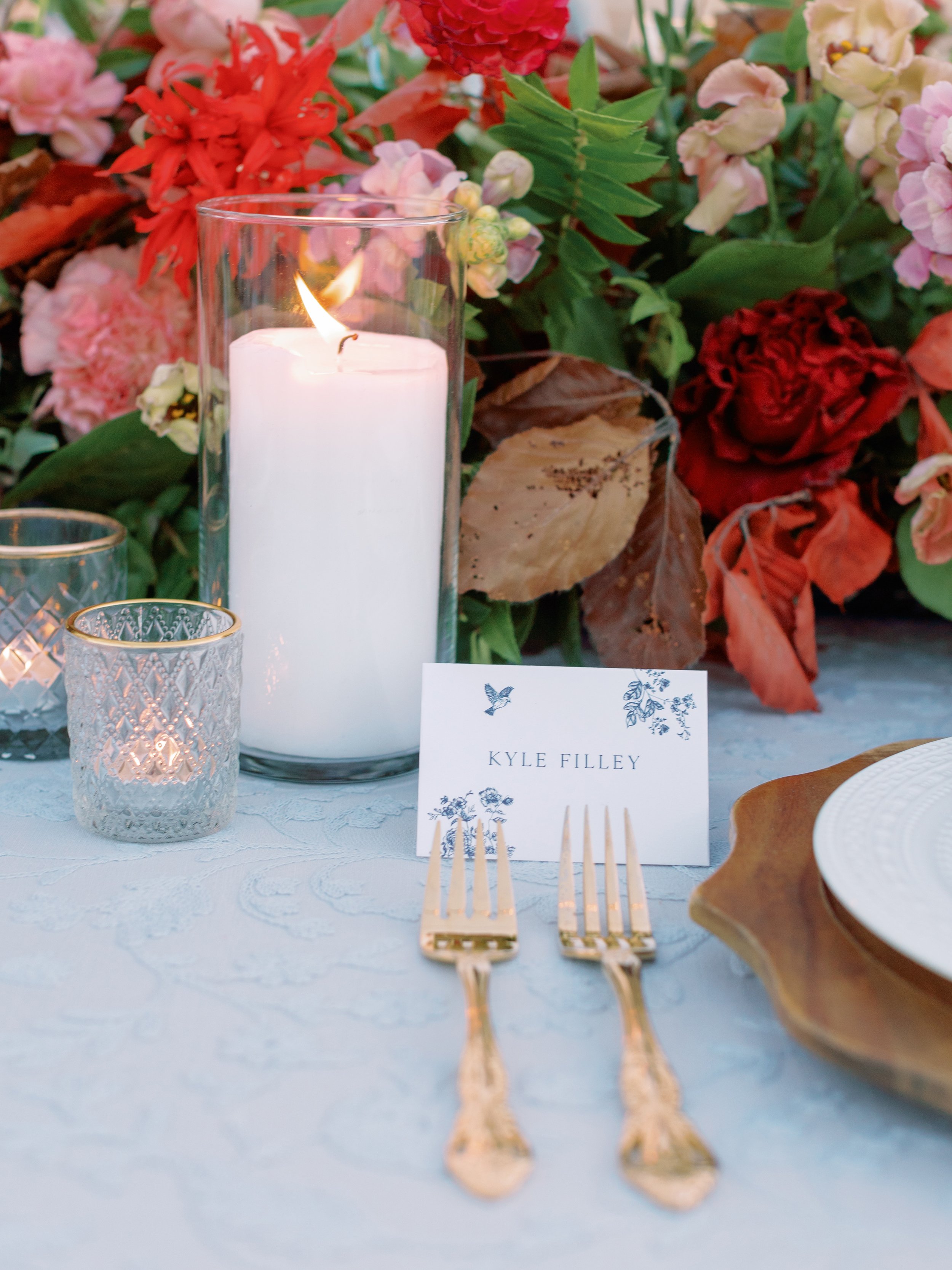 Private Estate Ranch Wedding Place Cards in Blue with Birds and Flowers