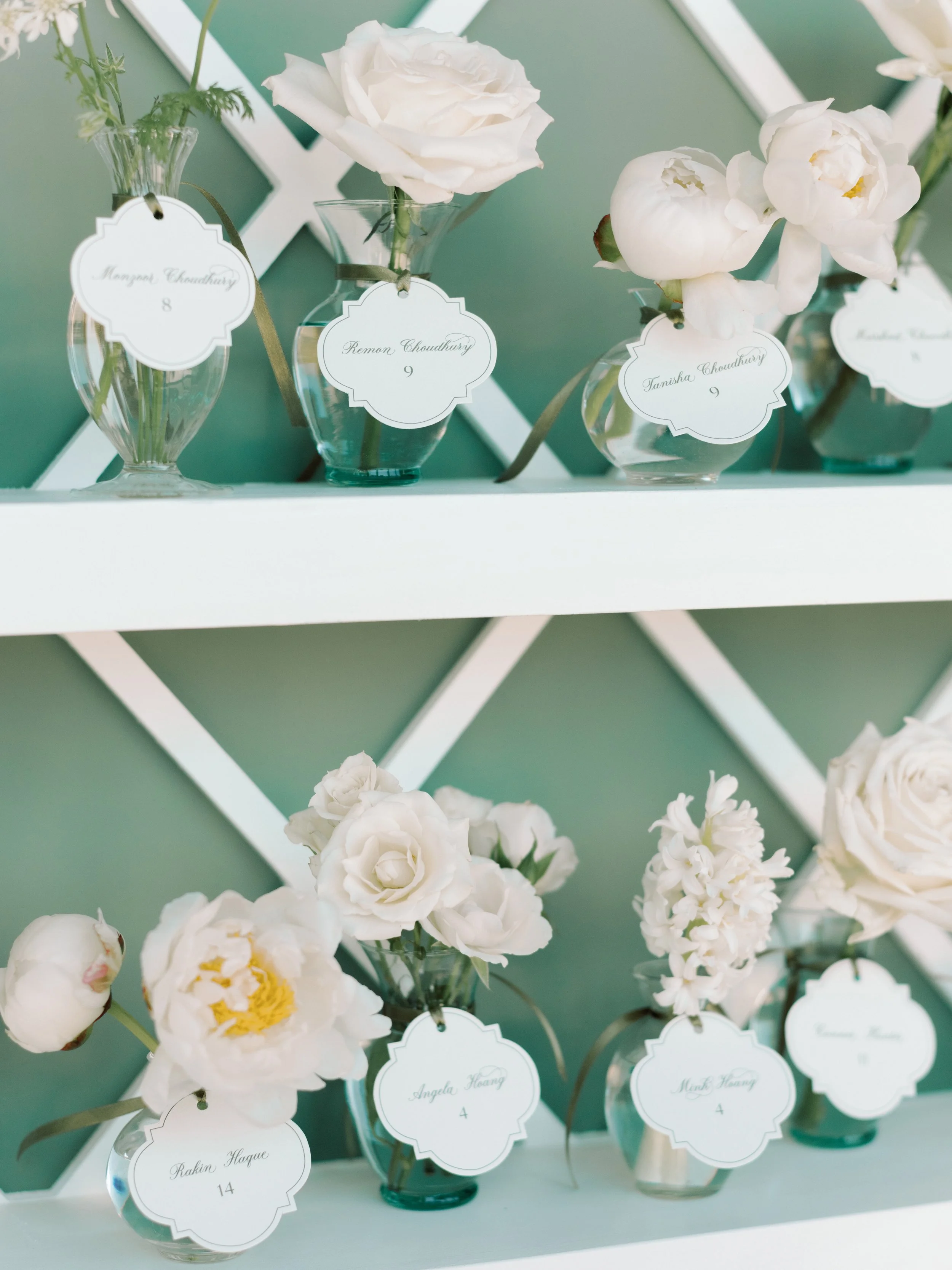 Flower Bud Vase Escort Card Tags in White and Green
