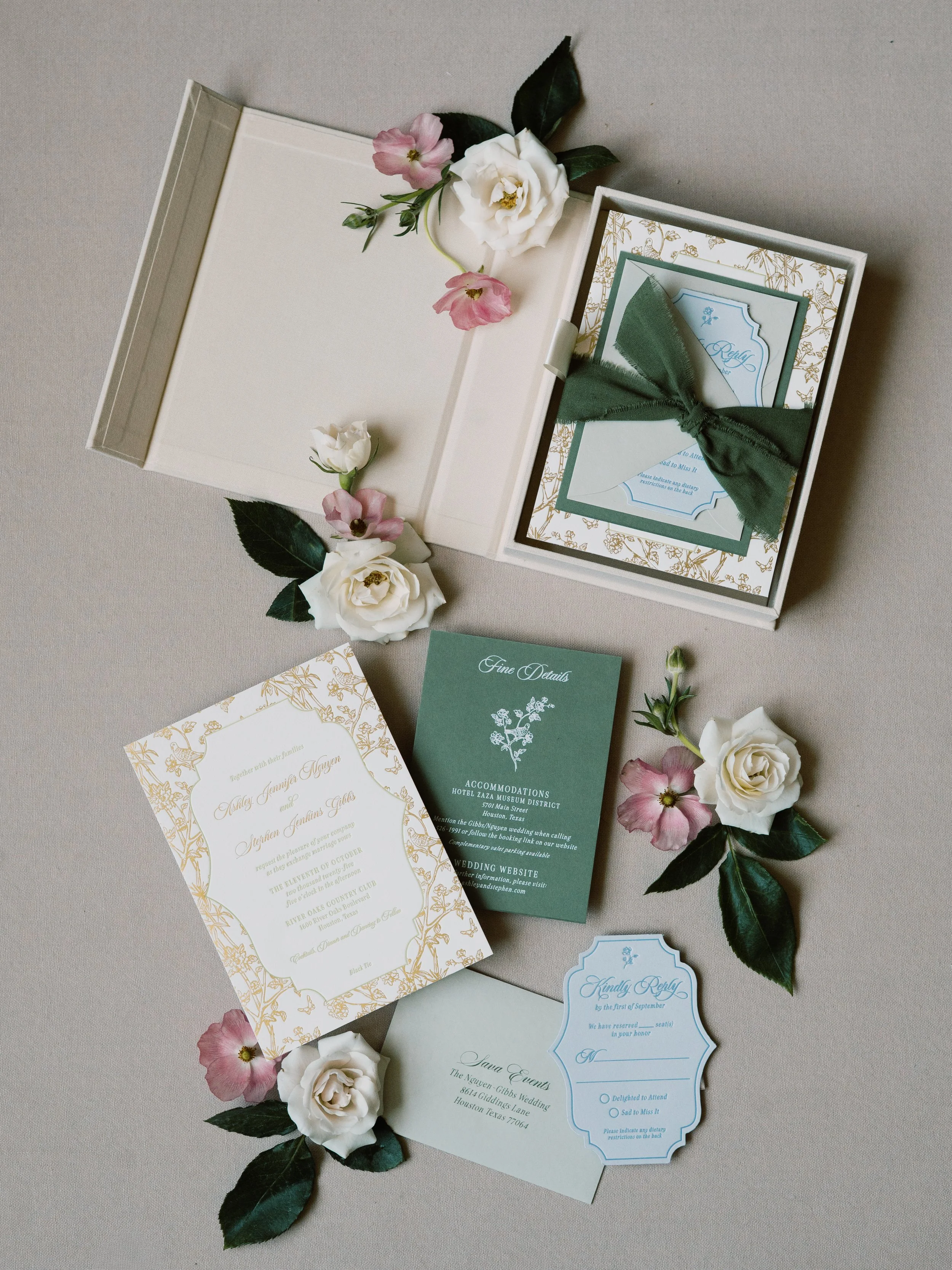 Fabric Boxed Invitation with Gold Foil Stamp, Letterpress Invitation with Garden Floral and Birds Theme in Green and Blue with Ribbon