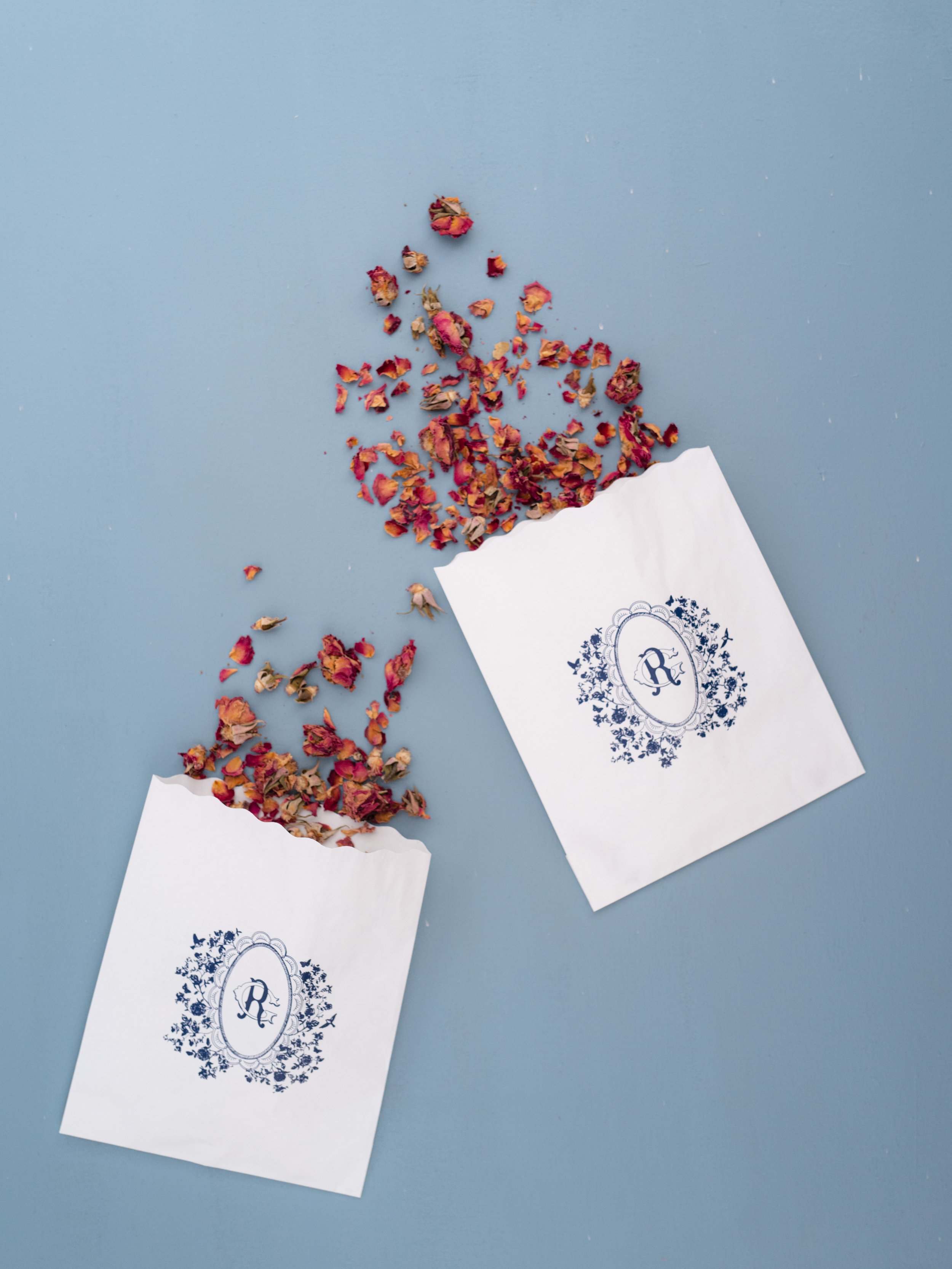 Flower Petal Bags for Wedding Ceremony in Blue with Scalloped Floral and Bird Monogram
