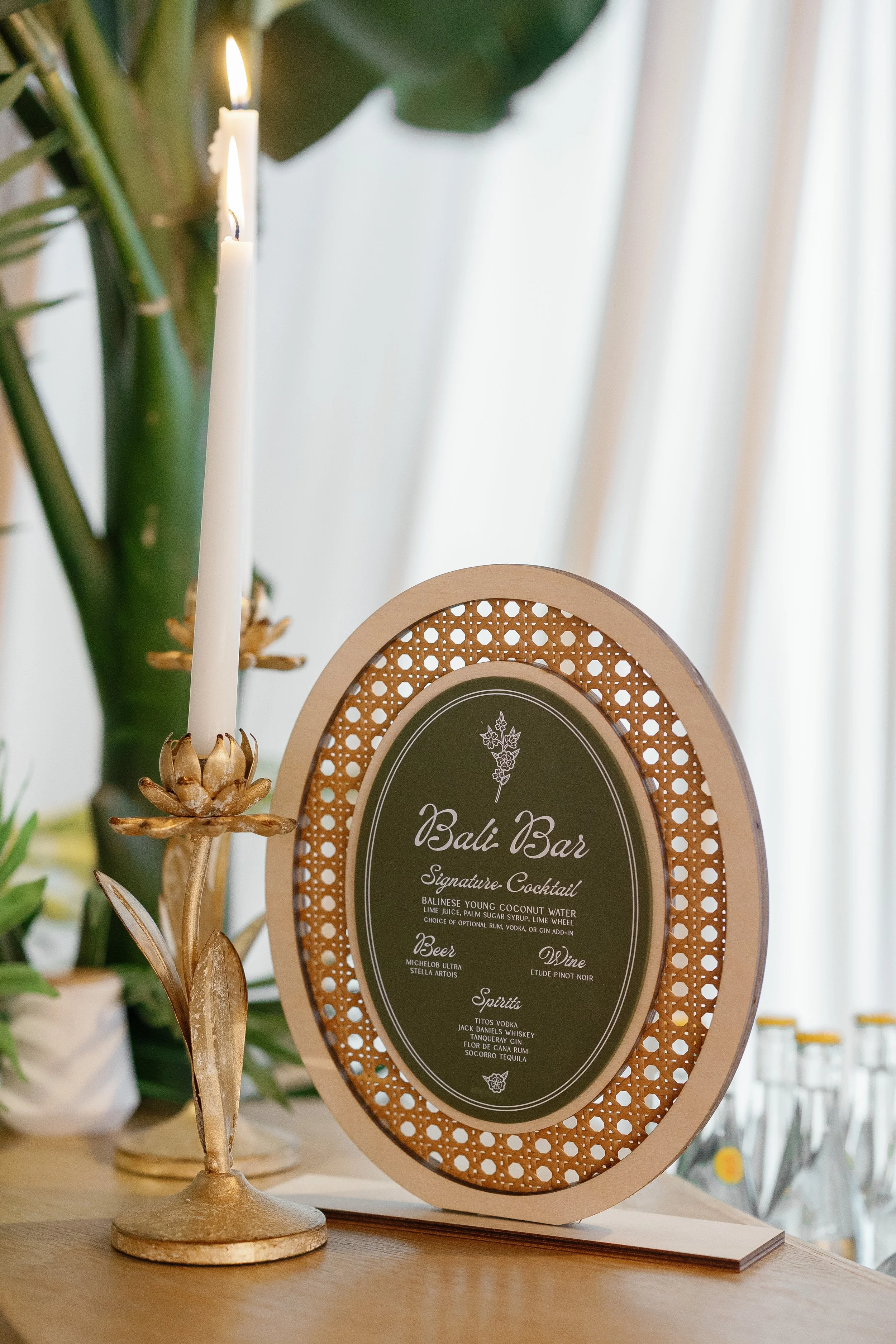 Ratan, Wood and Green Acrylic Wedding Bar Menu Sign for Bali Theme