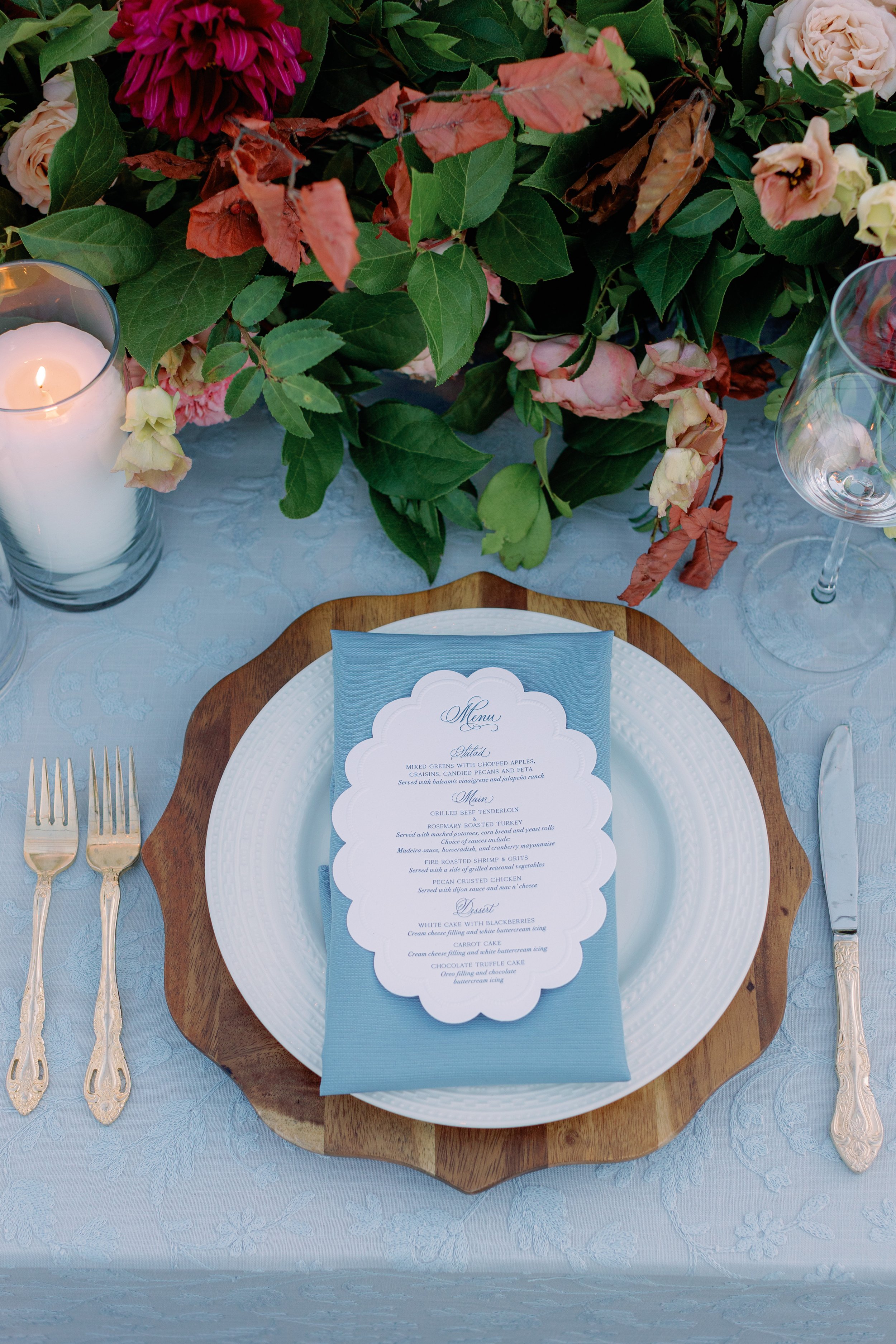 Private Estate Ranch Scalloped Wedding Menus with Rope Blind Embossed and Blue Letterpress
