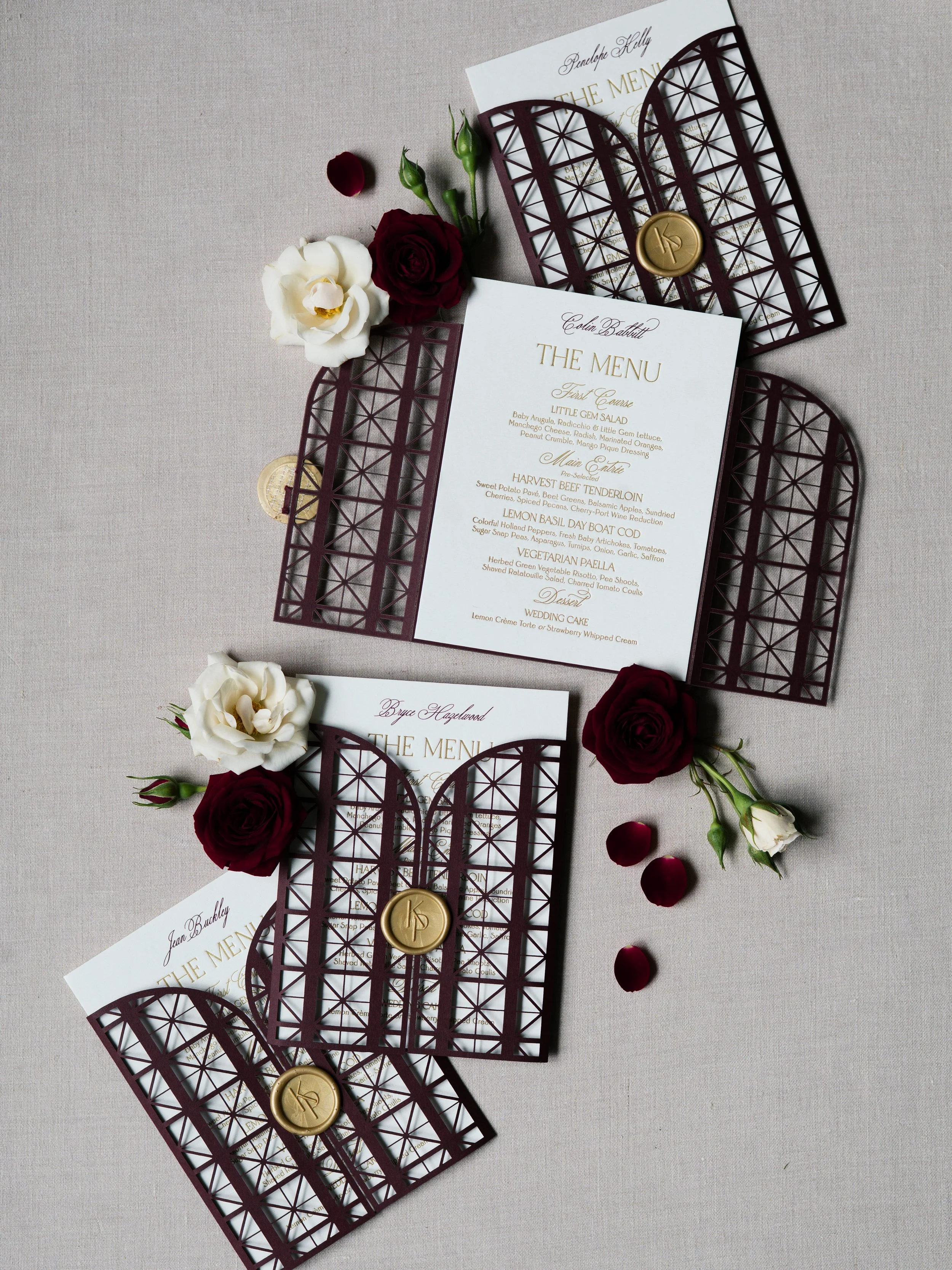 Laser Cut Gate Card for Wedding Menu with Guest Name Place Card at Top with Wax Seal Meal Indicator for Art Deco Wedding at Union Station in Washington, D.C.