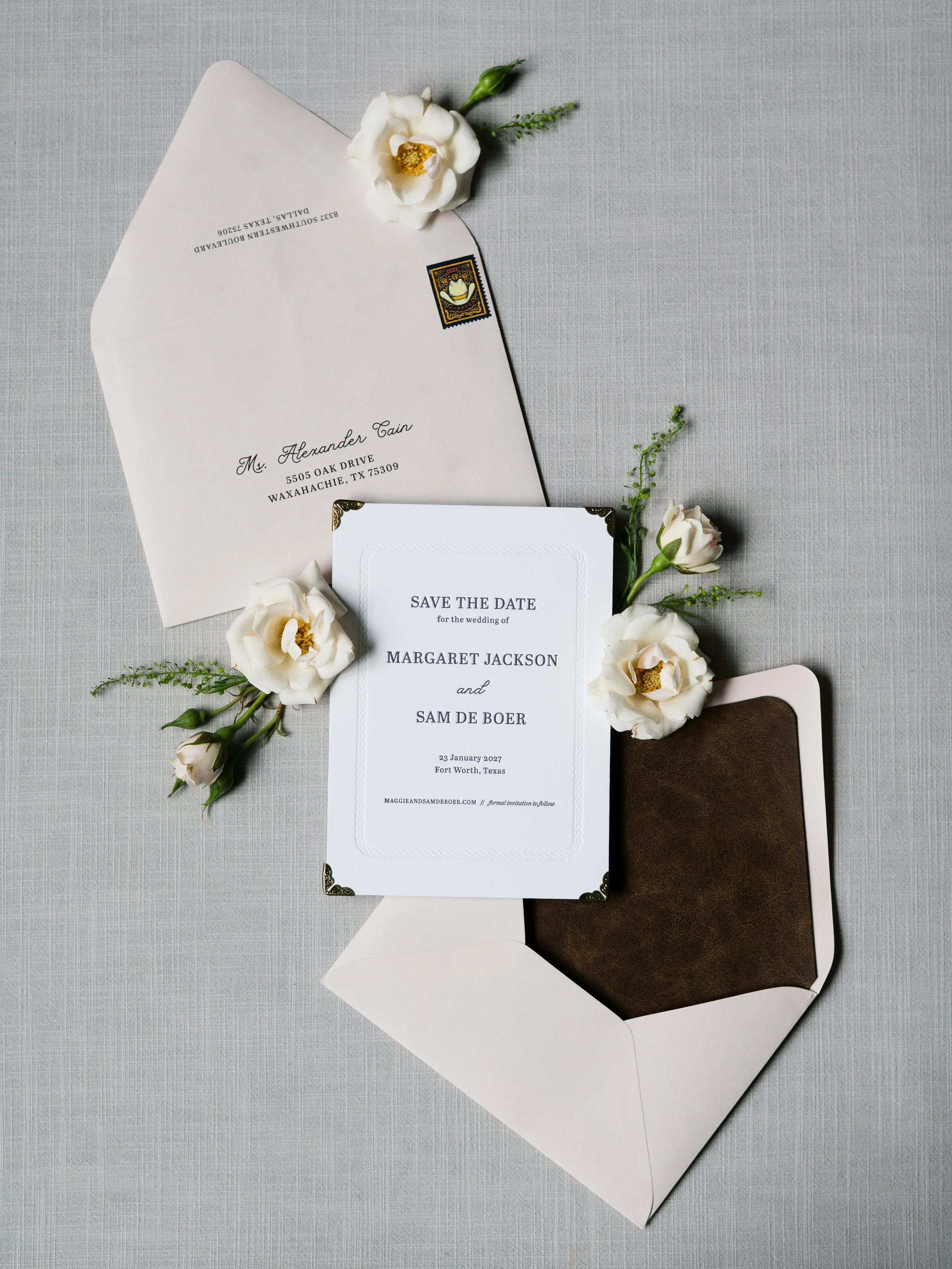 Western Save the Date for Hotel Drover Wedding in Fort Worth with Real Leather Envelope Liner, Brass Corners and Blind Letterpress Rope