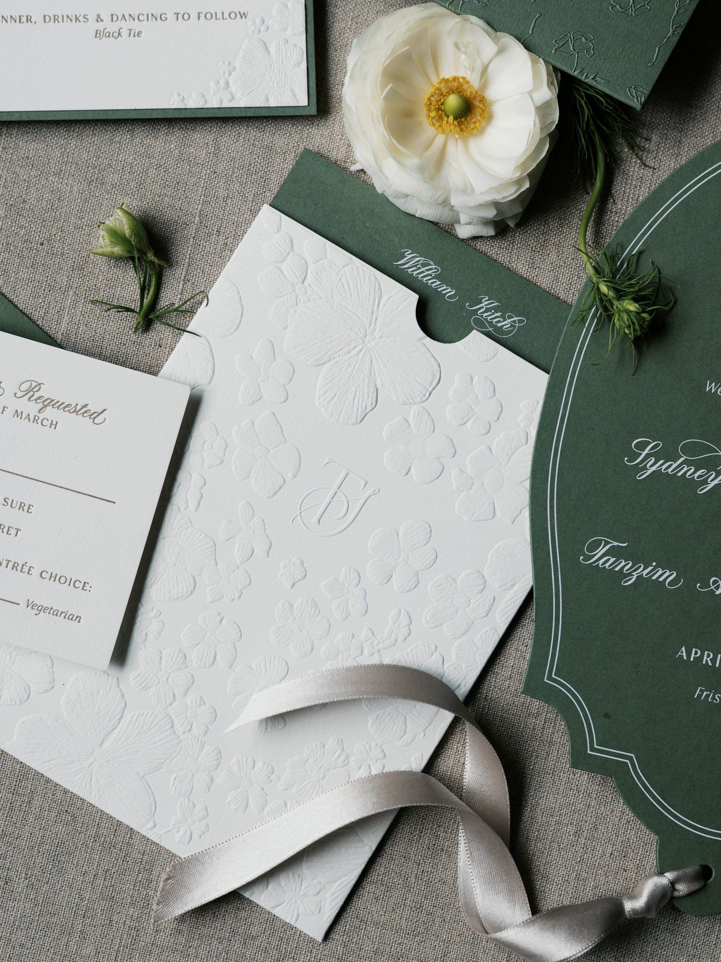 Sculpted Blind Emboss Menu Pocket with Printed Guest Name Place Card
