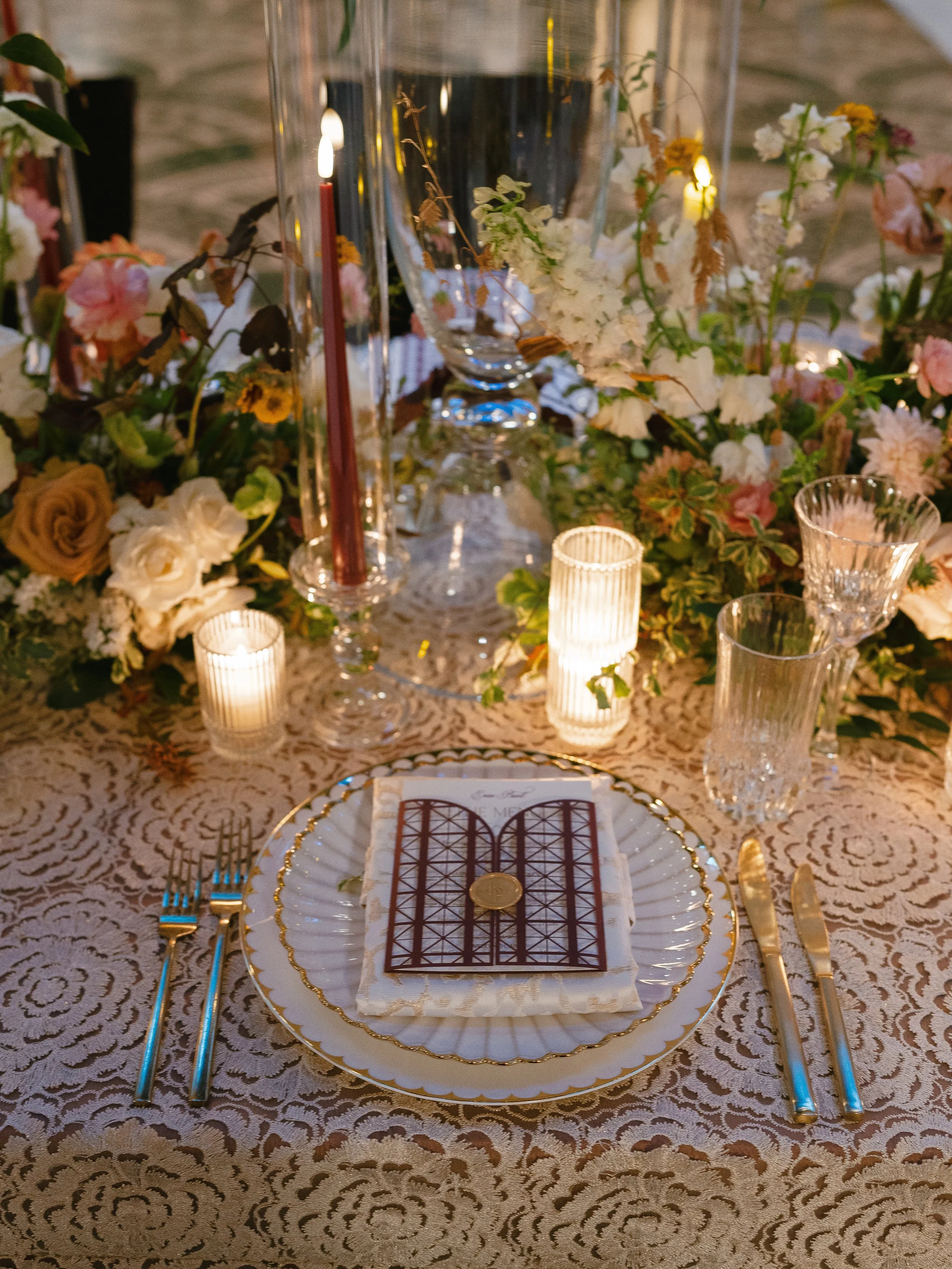 Laser Cut Gate Card for Wedding Menu with Guest Name Place Card at Top with Wax Seal Meal Indicator for Art Deco Wedding at Union Station in Washington, D.C.