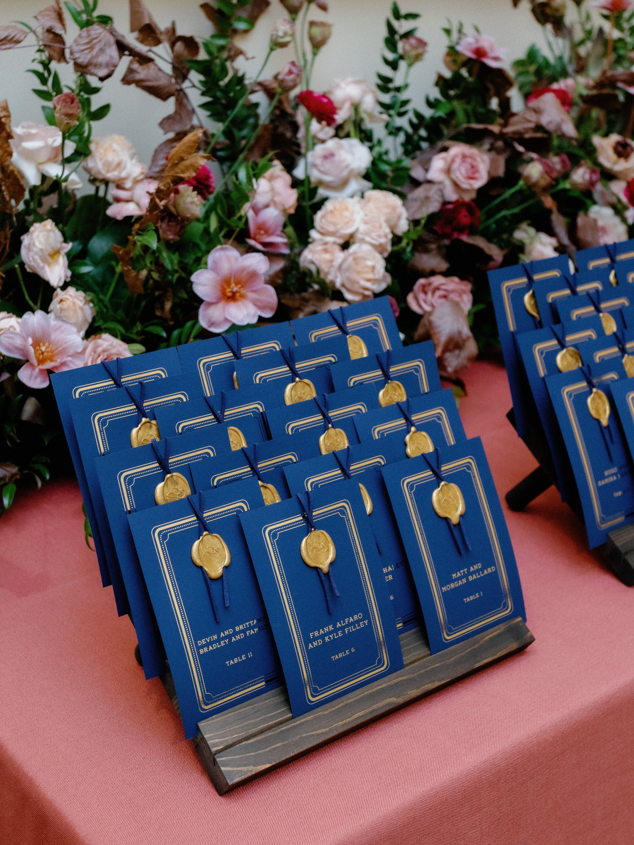 Western Cowboy Themed Gold Foil and Navy Escort Cards with Leather and Wax Seal with Cowboy Hat