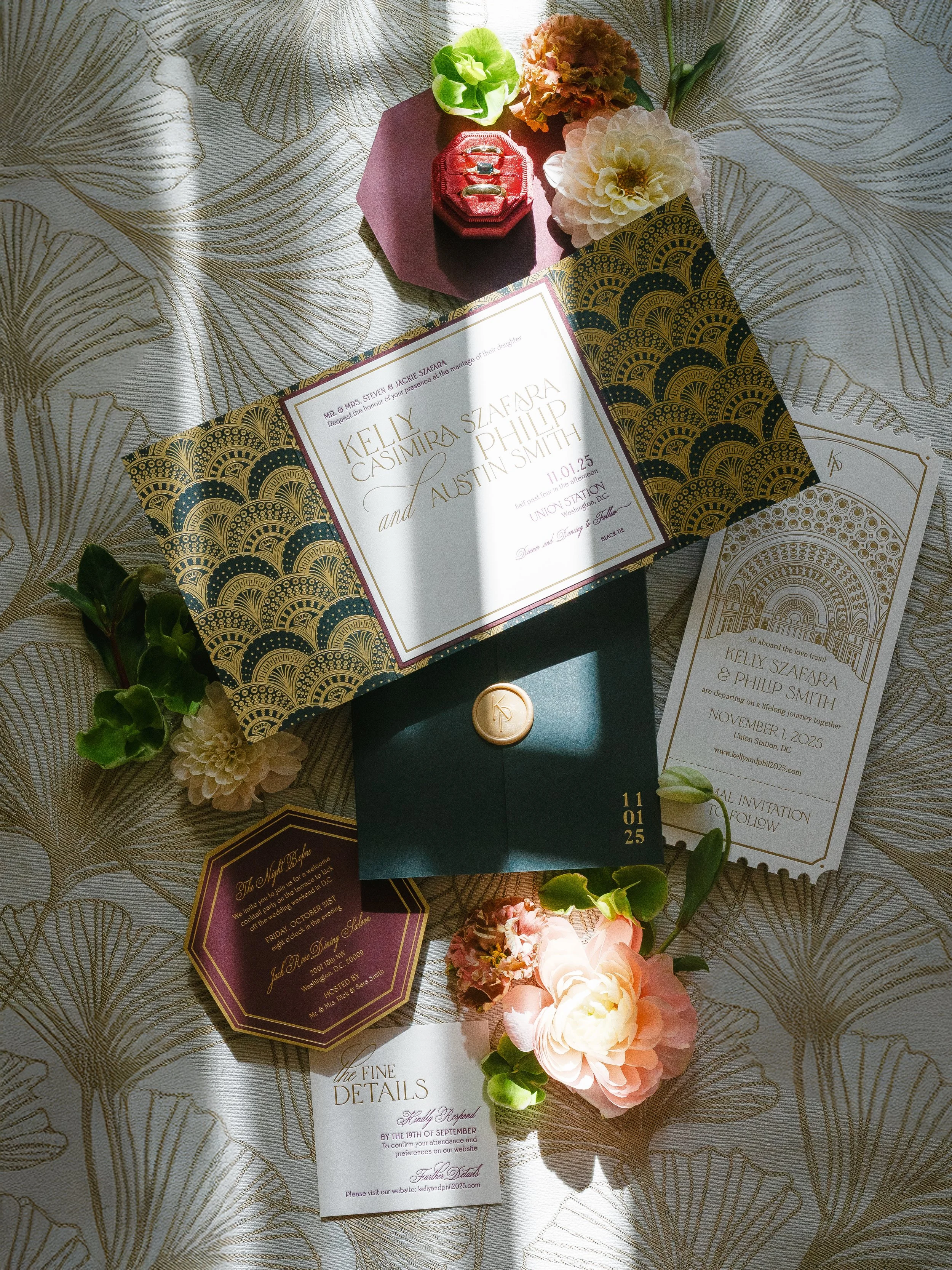 Art Deco Wedding Invitation at Union Station in Washington, D.C. Patterned Gate Card, Wax Seal and Ticket Style Save the date in Gold Foil, Green and Burgundy