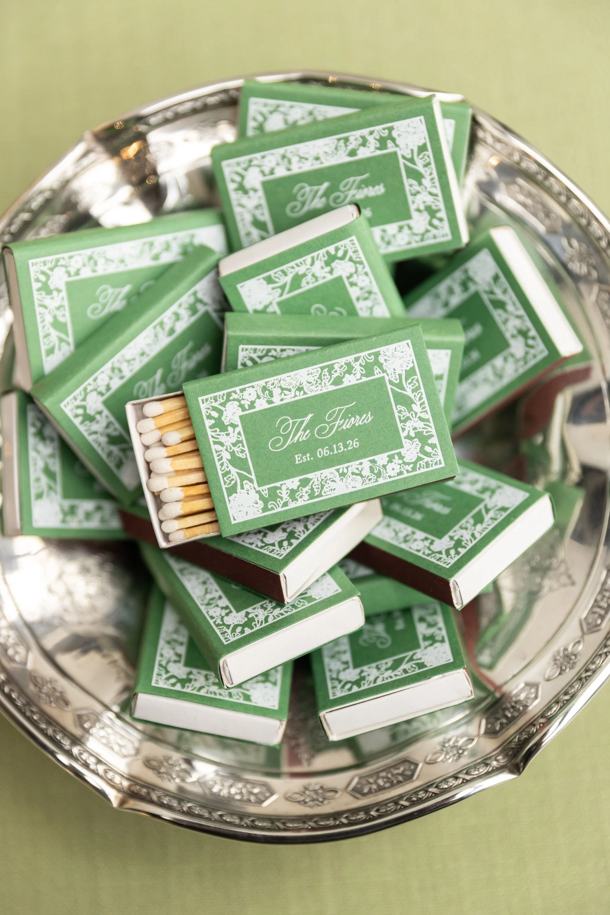 Custom Match Boxes with Lave Frame and Couple's New Last Name in Green and White