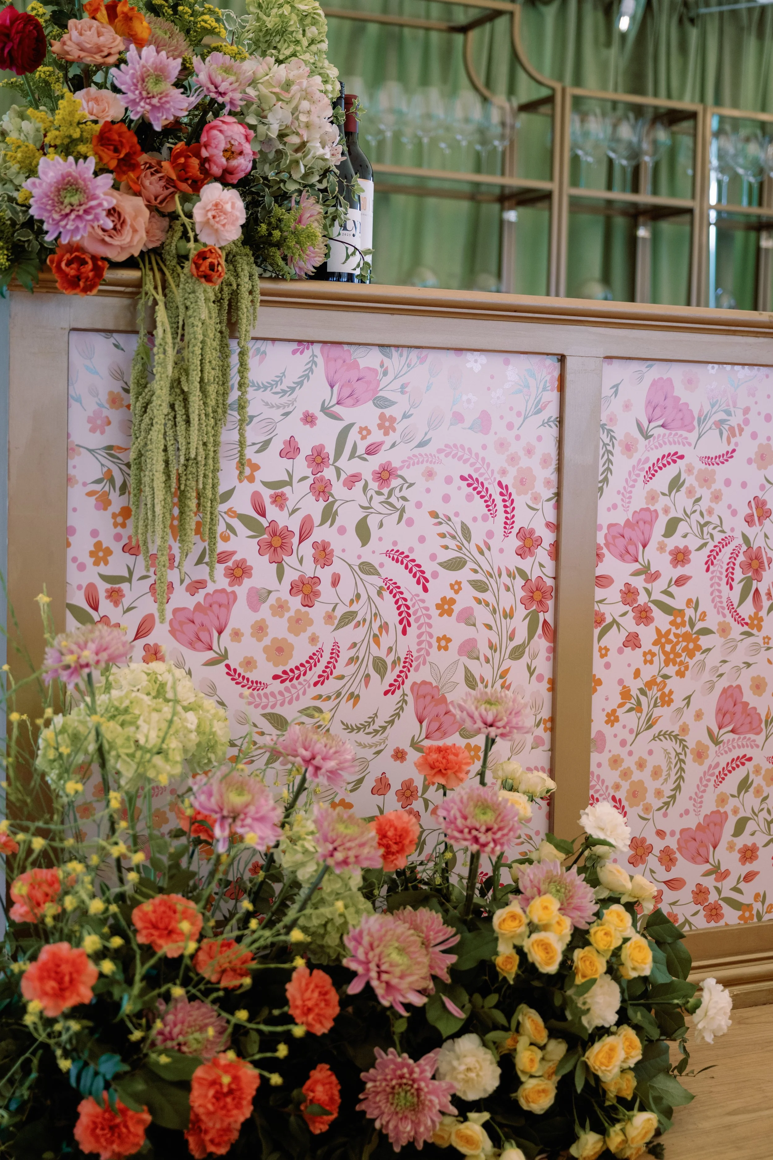 Floral Bar Inserts for Colorful Tented Wedding in Pink, Orange, Green and Yellow