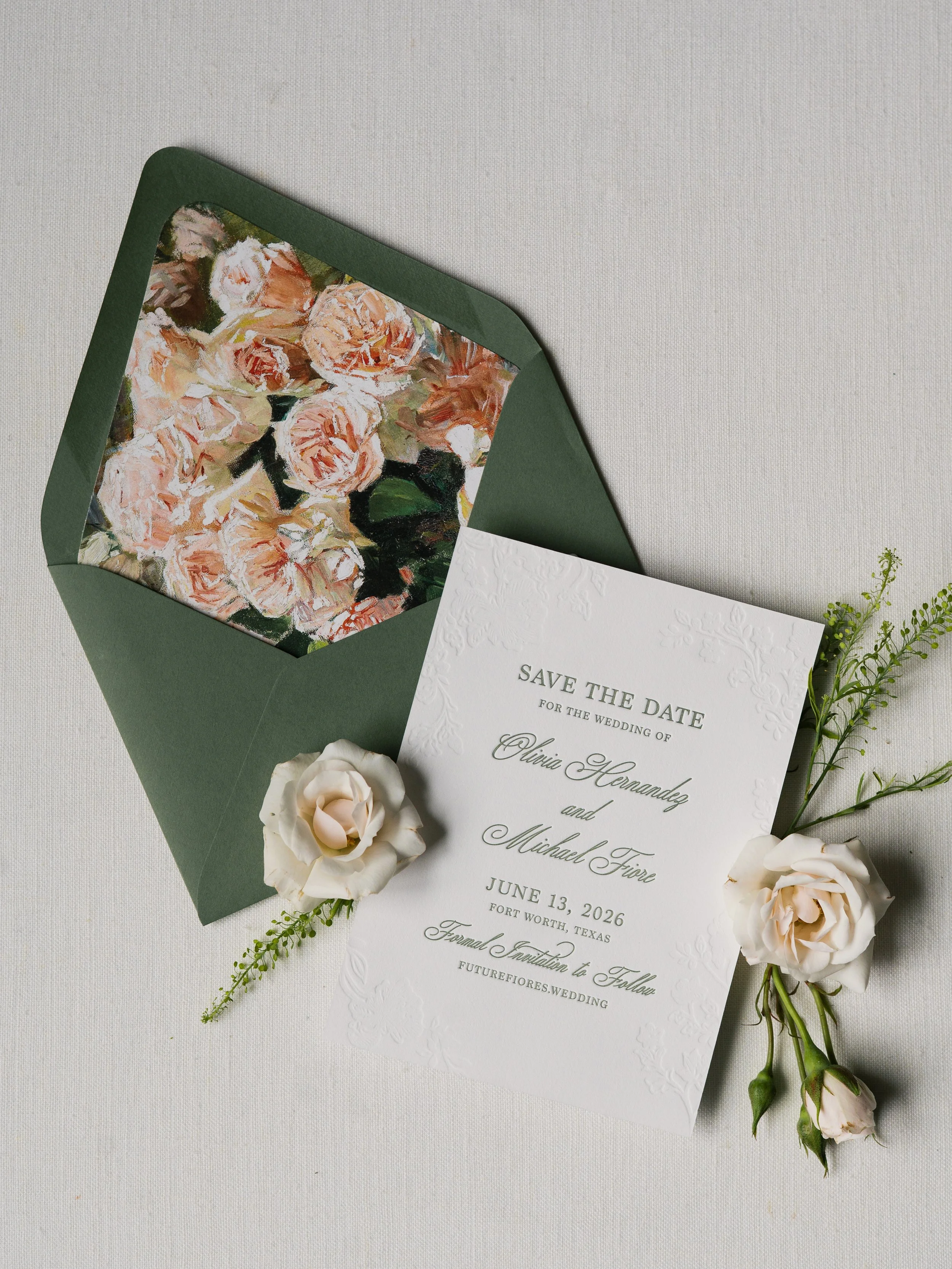 Blind Letterpress Save the Date with Lace Pattern, in Green with Pink Floral Envelope Liner