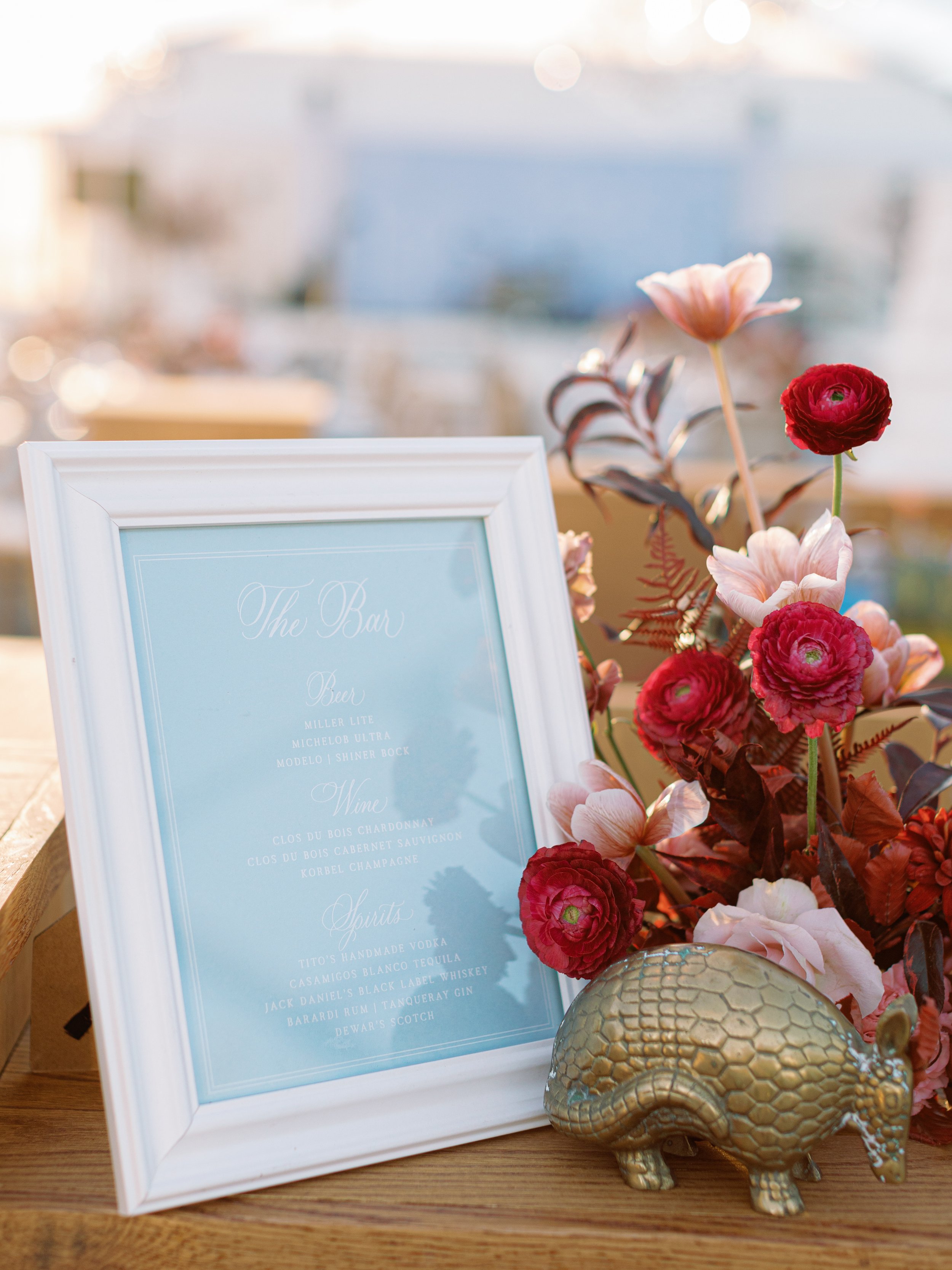 Private Estate Ranch Wedding Custom Bar Menu in Blue and White with Birds and Flowers