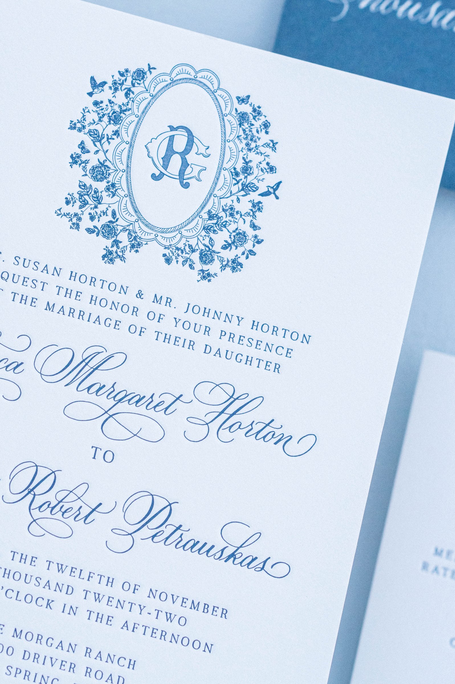 Blue Letterpress Wedding Invitation with Custom Scalloped Floral Monogram Crest