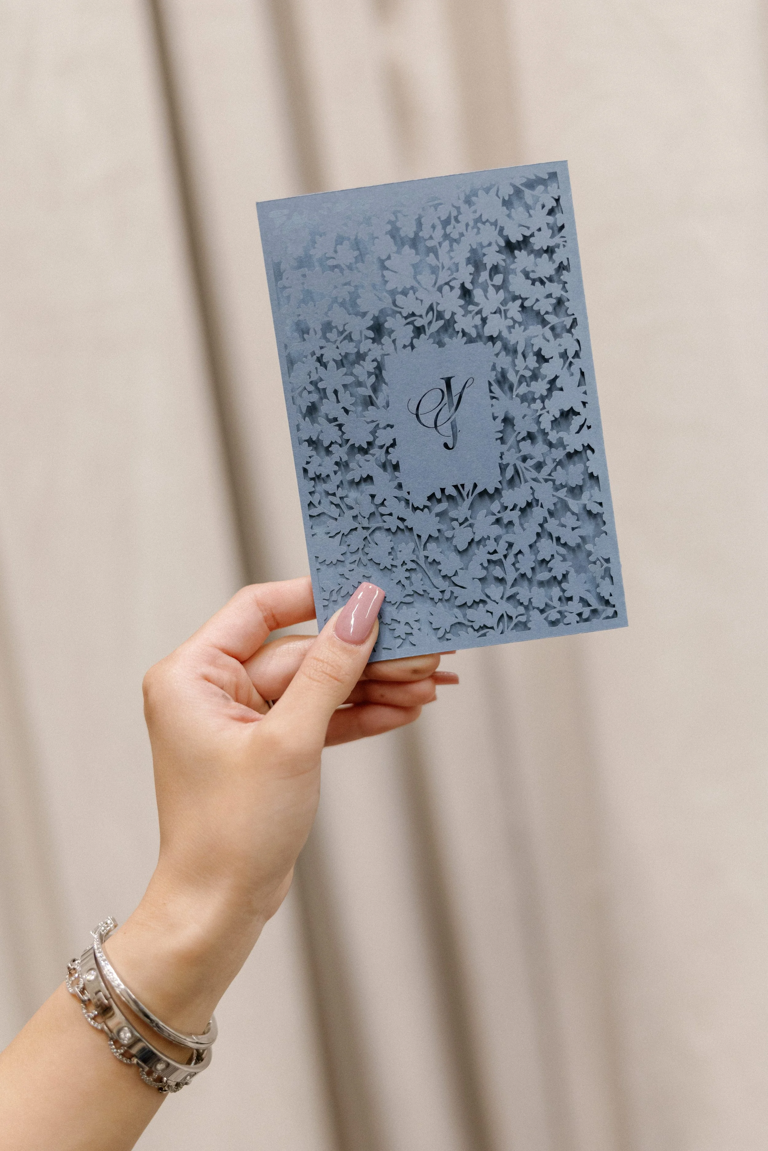 Laser Cut Folding Wedding Program in Dusty Blue with Couple's Monogram
