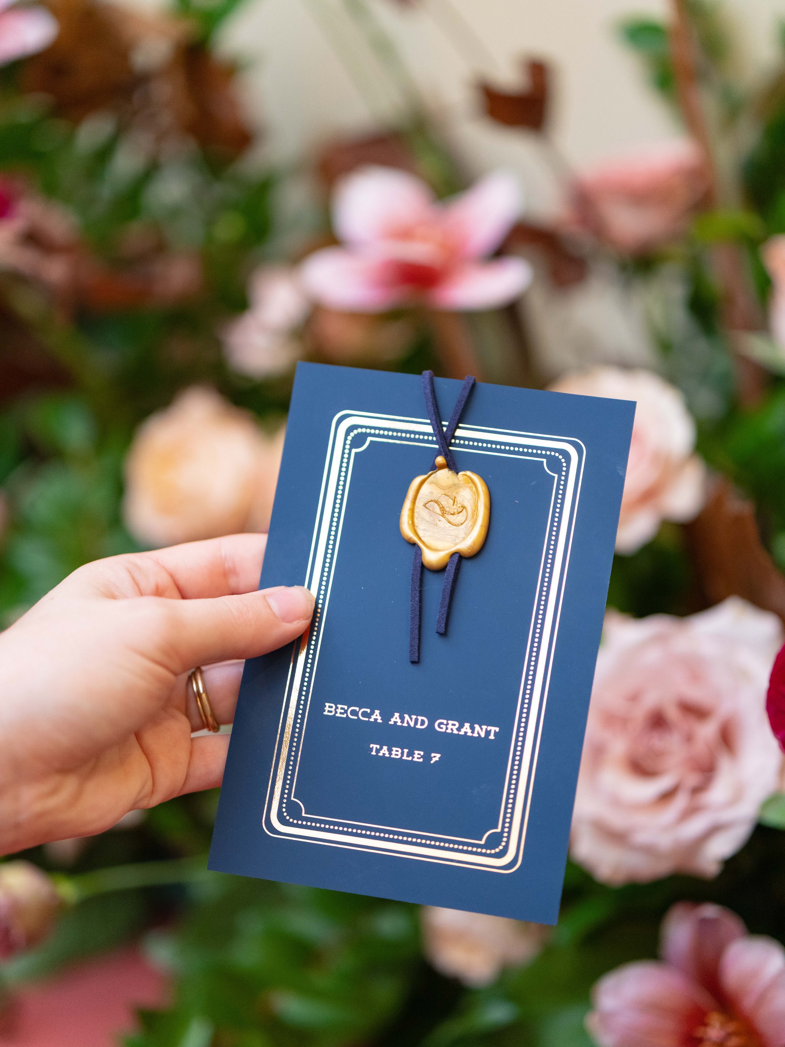 Western Cowboy Themed Gold Foil and Navy Escort Card with Leather and Wax Seal with Cowboy Hat
