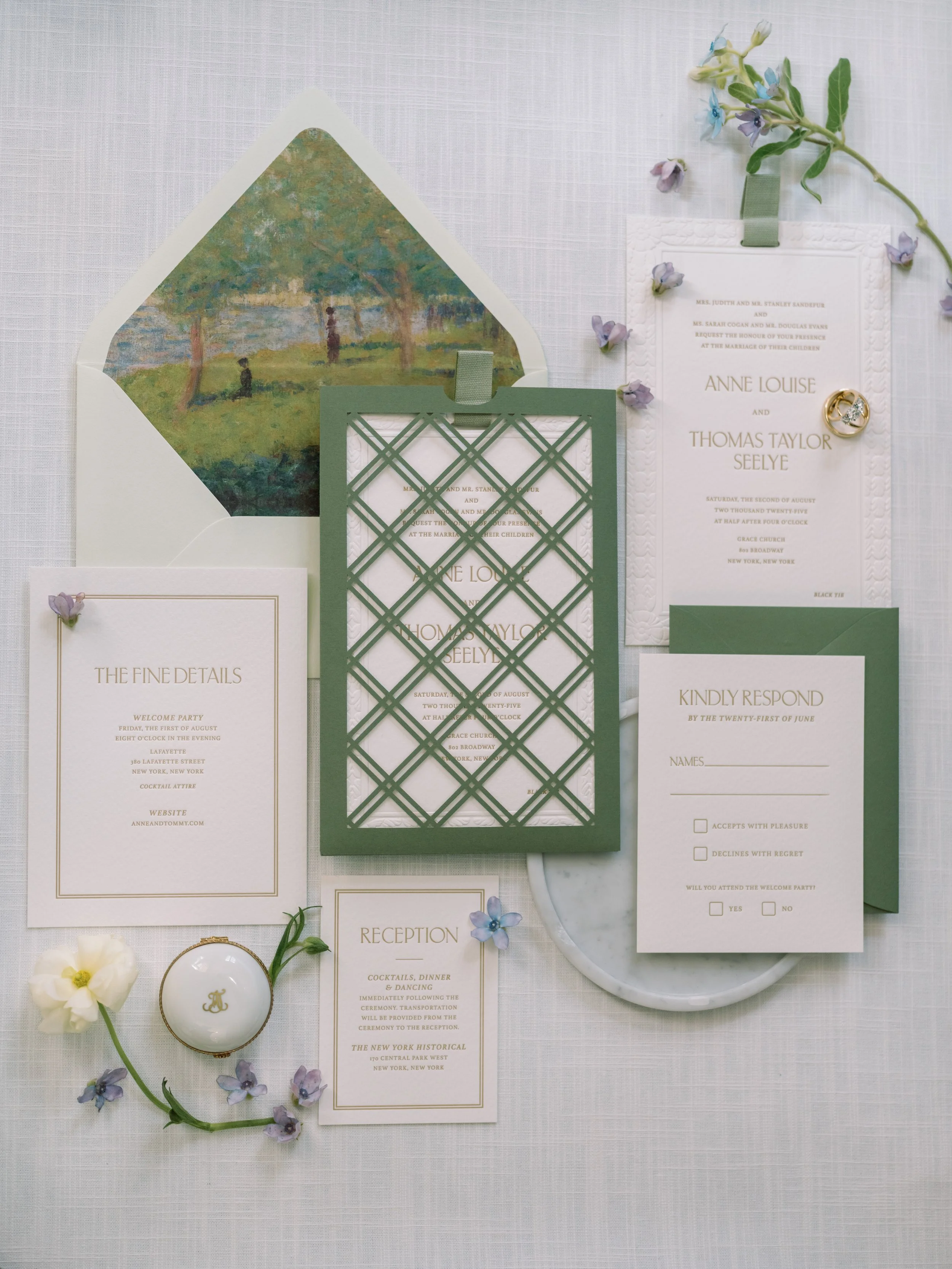 Invitation with Laser Cut Pocket and Blind Sculpted Emboss Border with Gold Letterpress and Envelope Liner at The New York Historical Museum