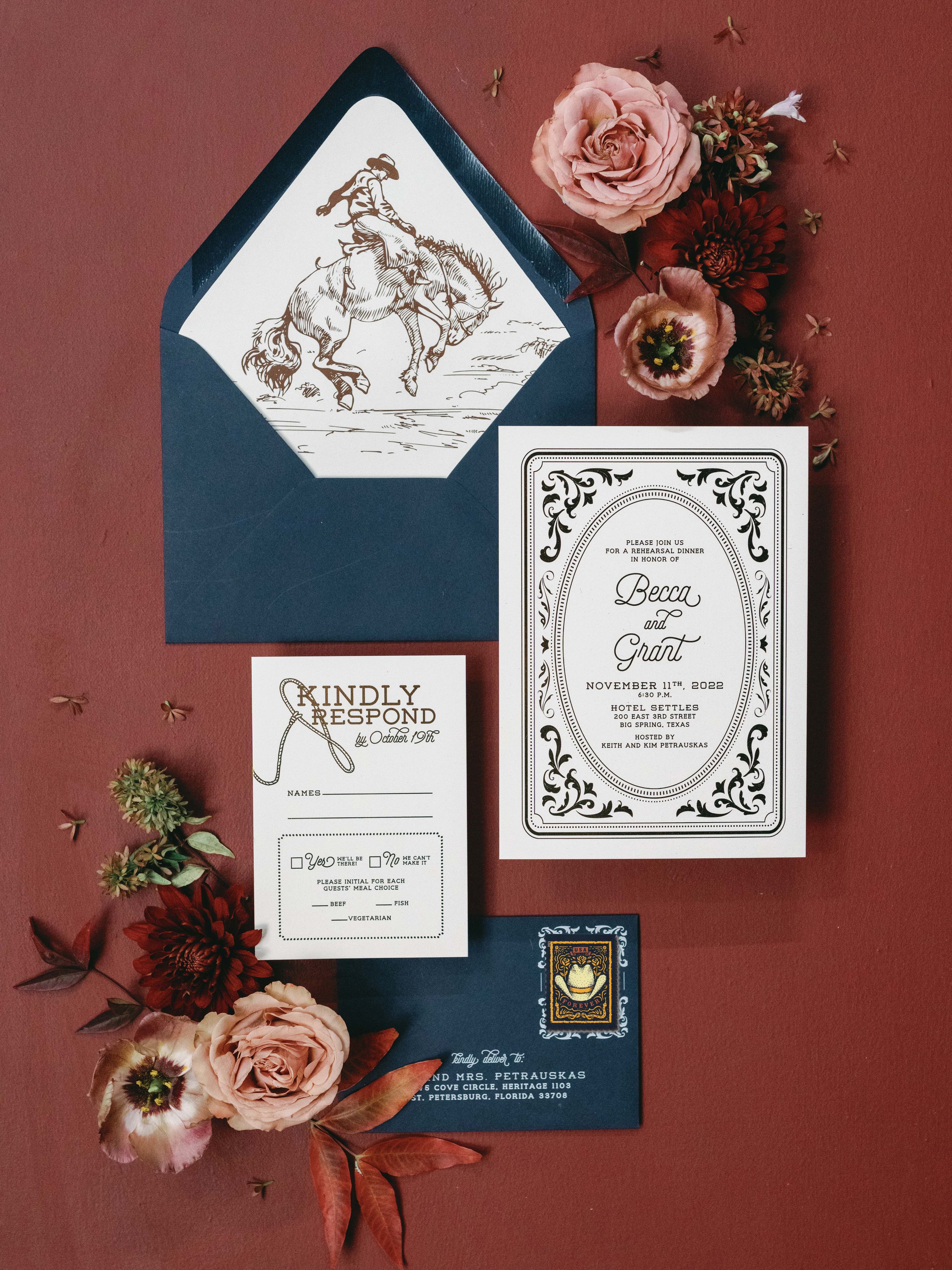 Western Cowboy Themed Wedding Rehearsal Dinner Insert with Bucking Bronco and Lasso with Gold Foil Print