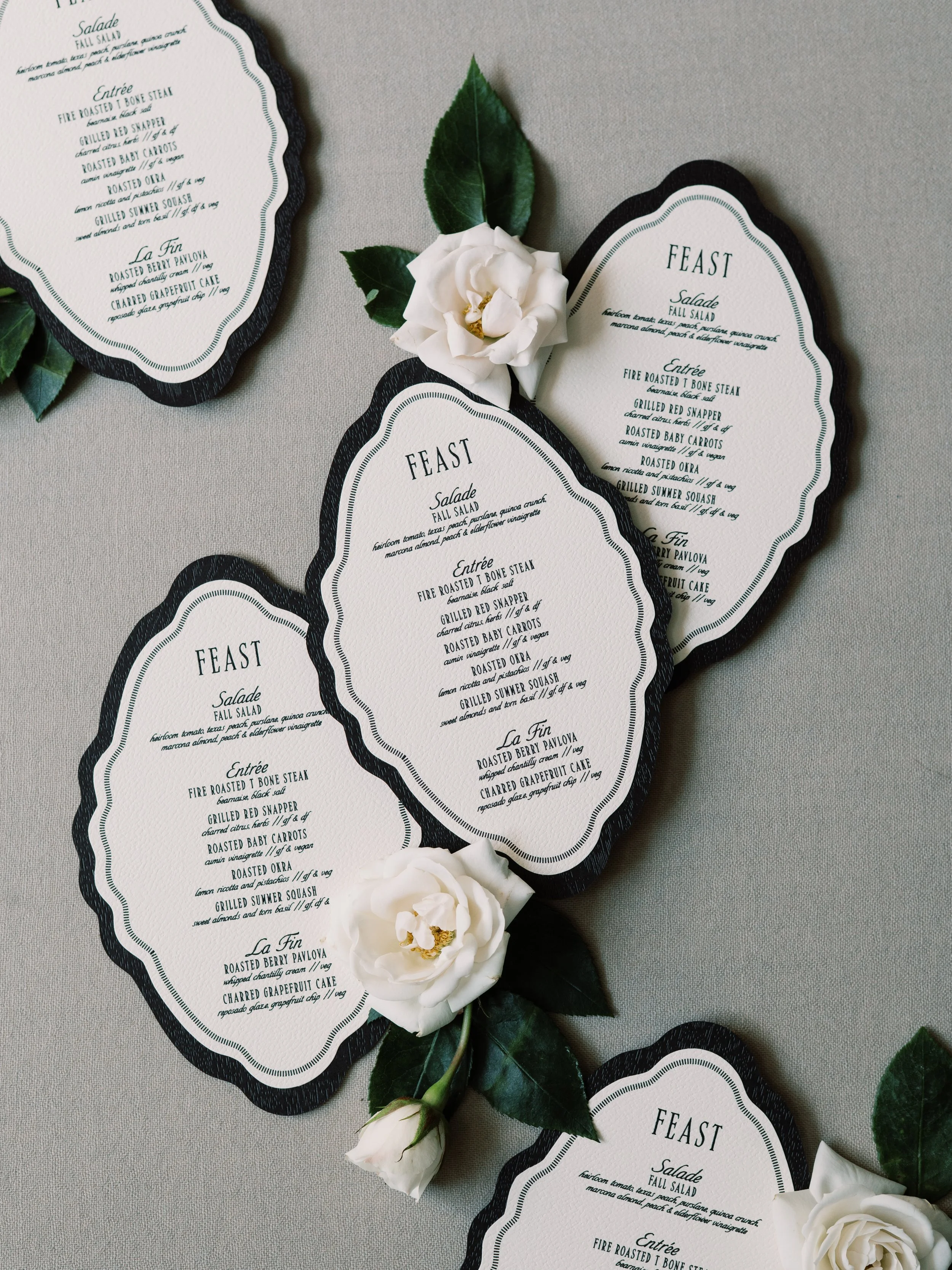 Die Cut Western Leather Textured and Wood Backer Menus with Black Thermography for Round Top Wedding