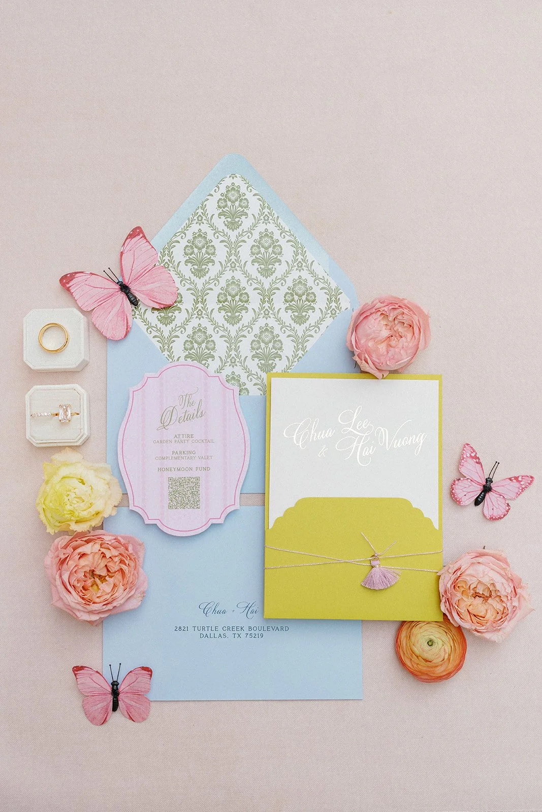 Chartreuse Pocket Invitation with Pink Tassel, Gold Foil Print and Blind Embossed Floral with Damask Envelope Liner for Rosewood Mansion on Turtle Creek, Dallas Wedding