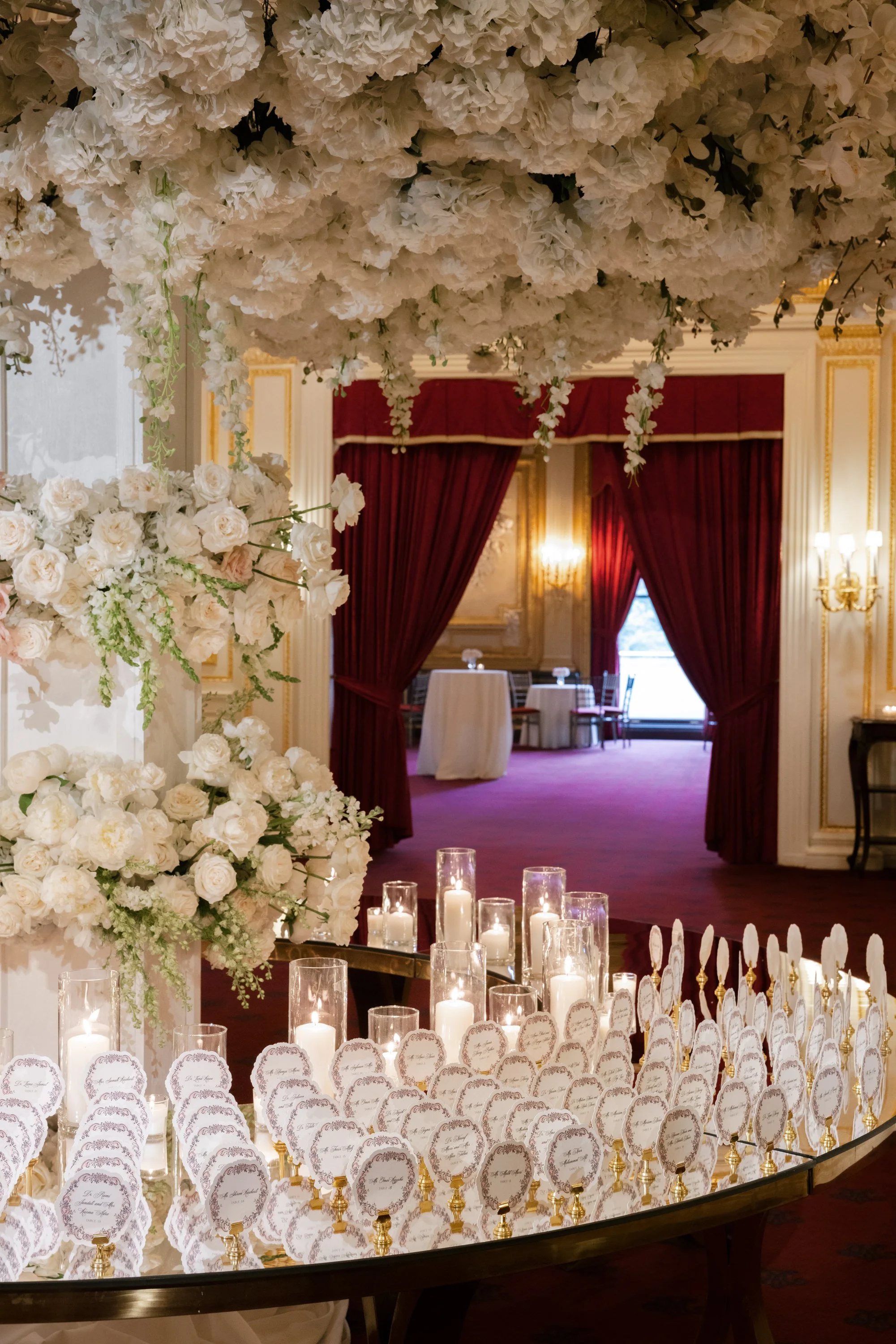 Die Cut Wedding Escort Cards with Vintage Inspired Shape and Frame in Black and Pink for Metropolitan Club in New York