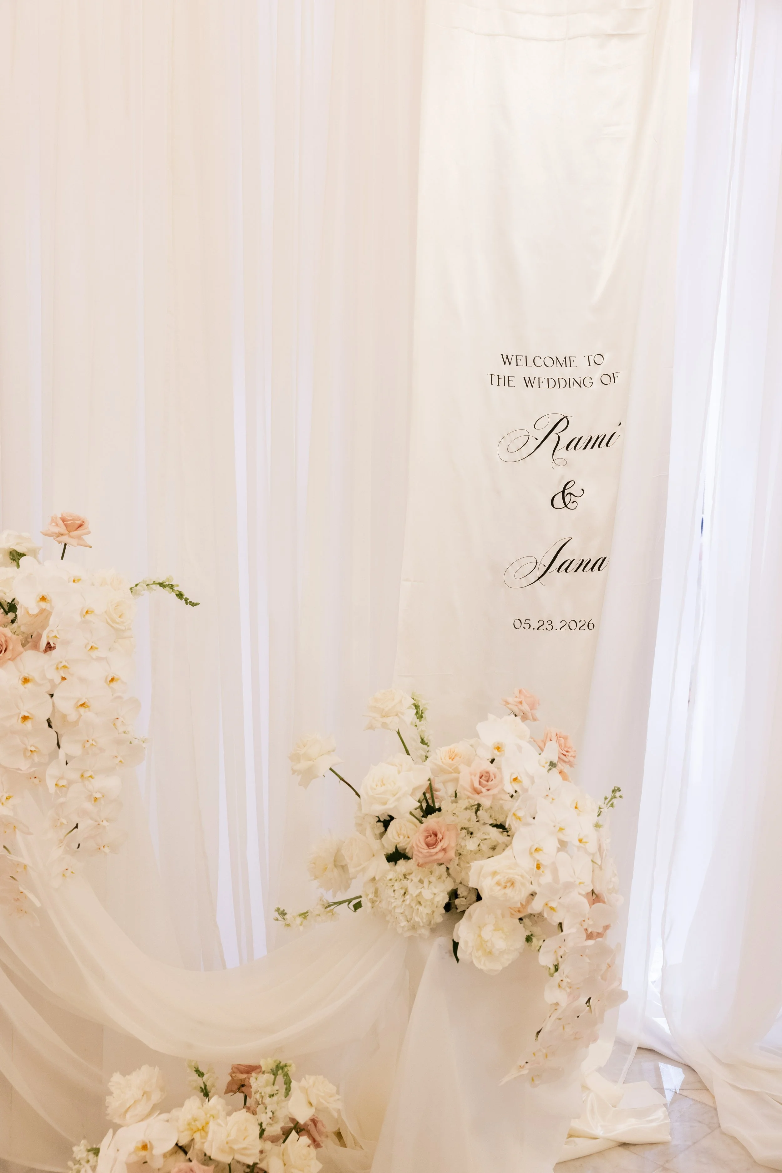 Floor to Ceiling Draped Fabric White Satin Silk Wedding Welcome Sign for Metropolitan Club New York
