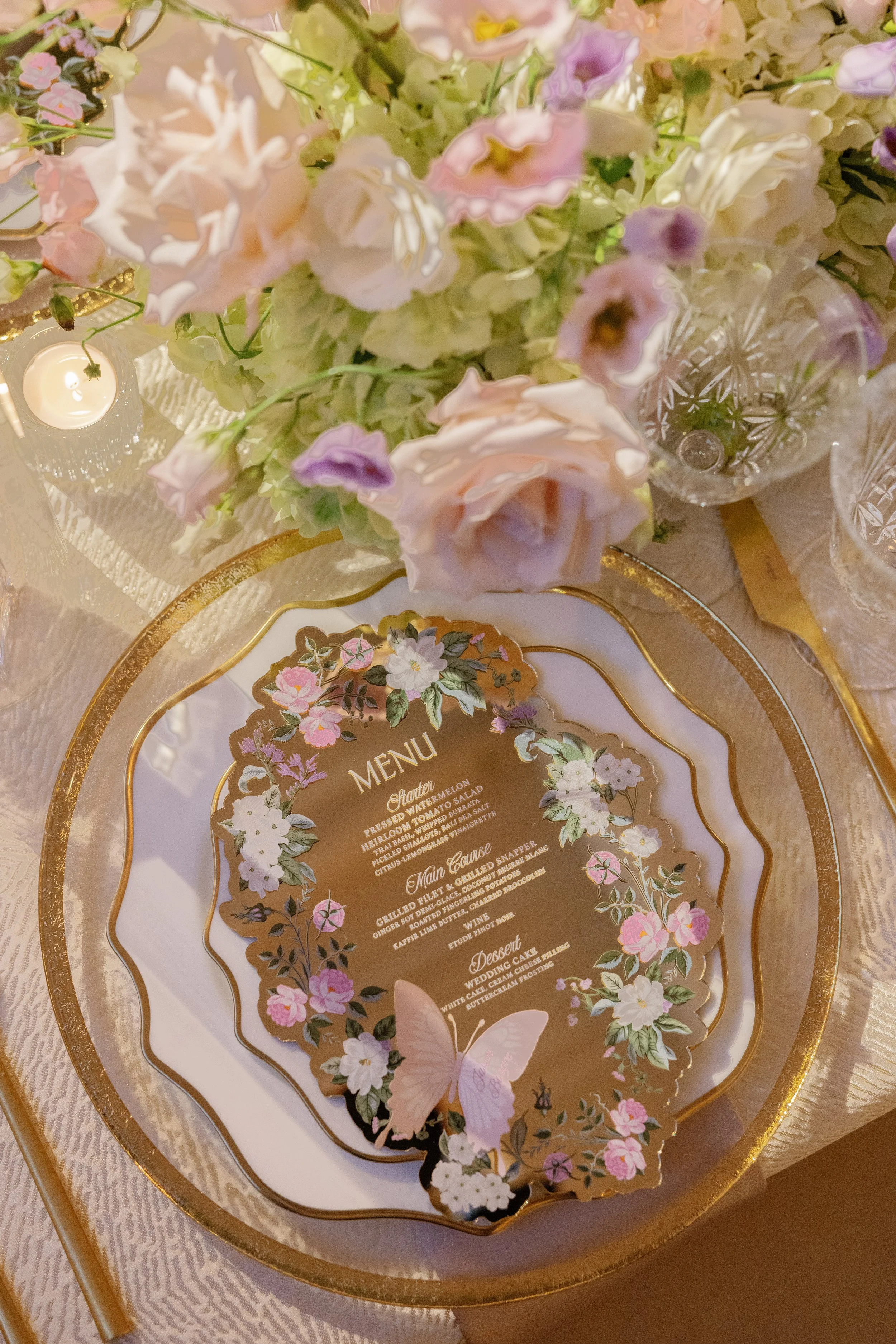 Gold Mirror Acrylic Wedding Menu with Florals and 3D Paper Butterfly Place Card
