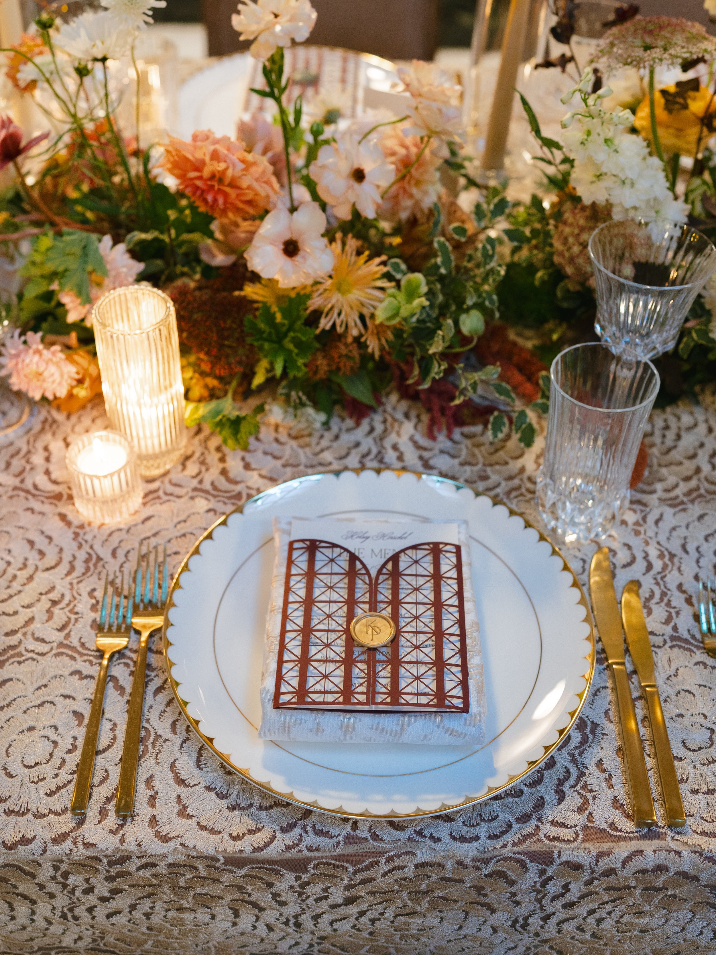 Laser Cut Gate Card for Wedding Menu with Guest Name Place Card at Top with Wax Seal Meal Indicator for Art Deco Wedding at Union Station in Washington, D.C.