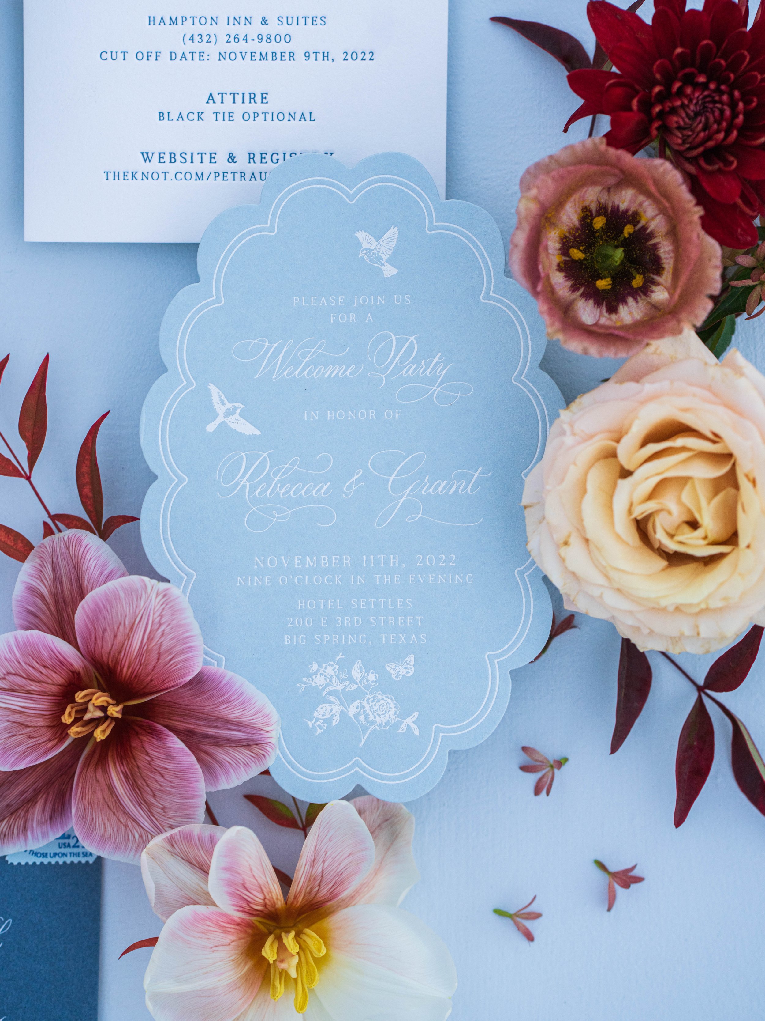 White Scalloped Scalloped Wedding Welcome Party Insert and Floral and Birds
