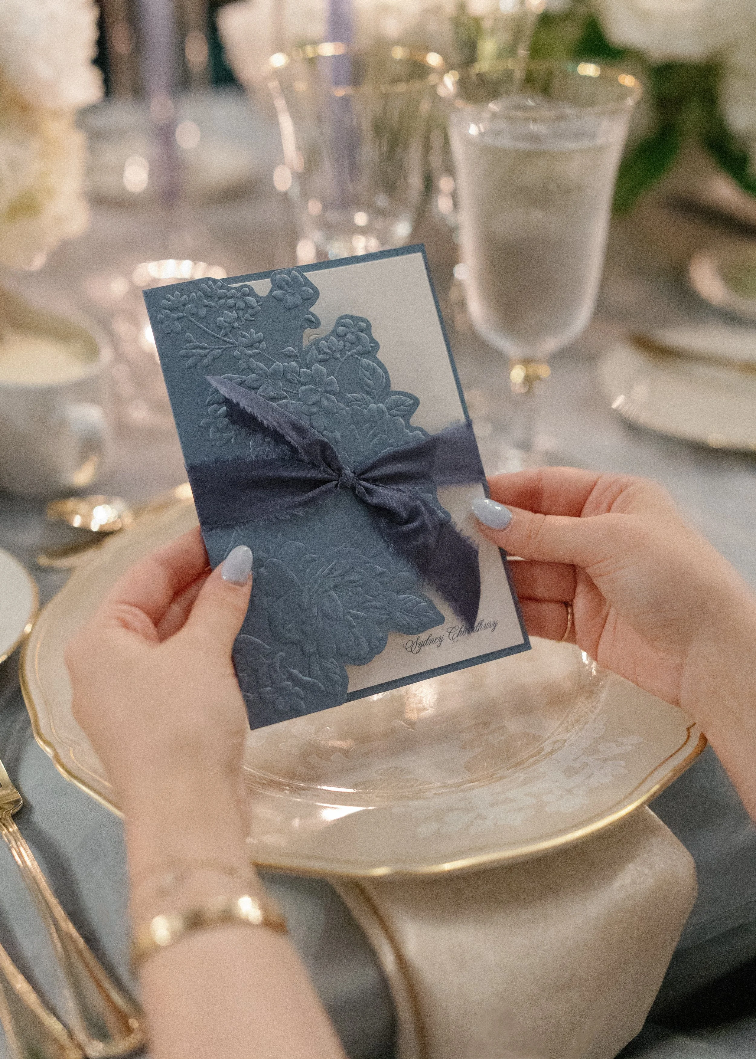 Sculpted 3D Blind Emboss Floral Pocket Wedding Menu with Gold Foil Stamp and Guest Name as Place Card with Blue Silk Ribbon