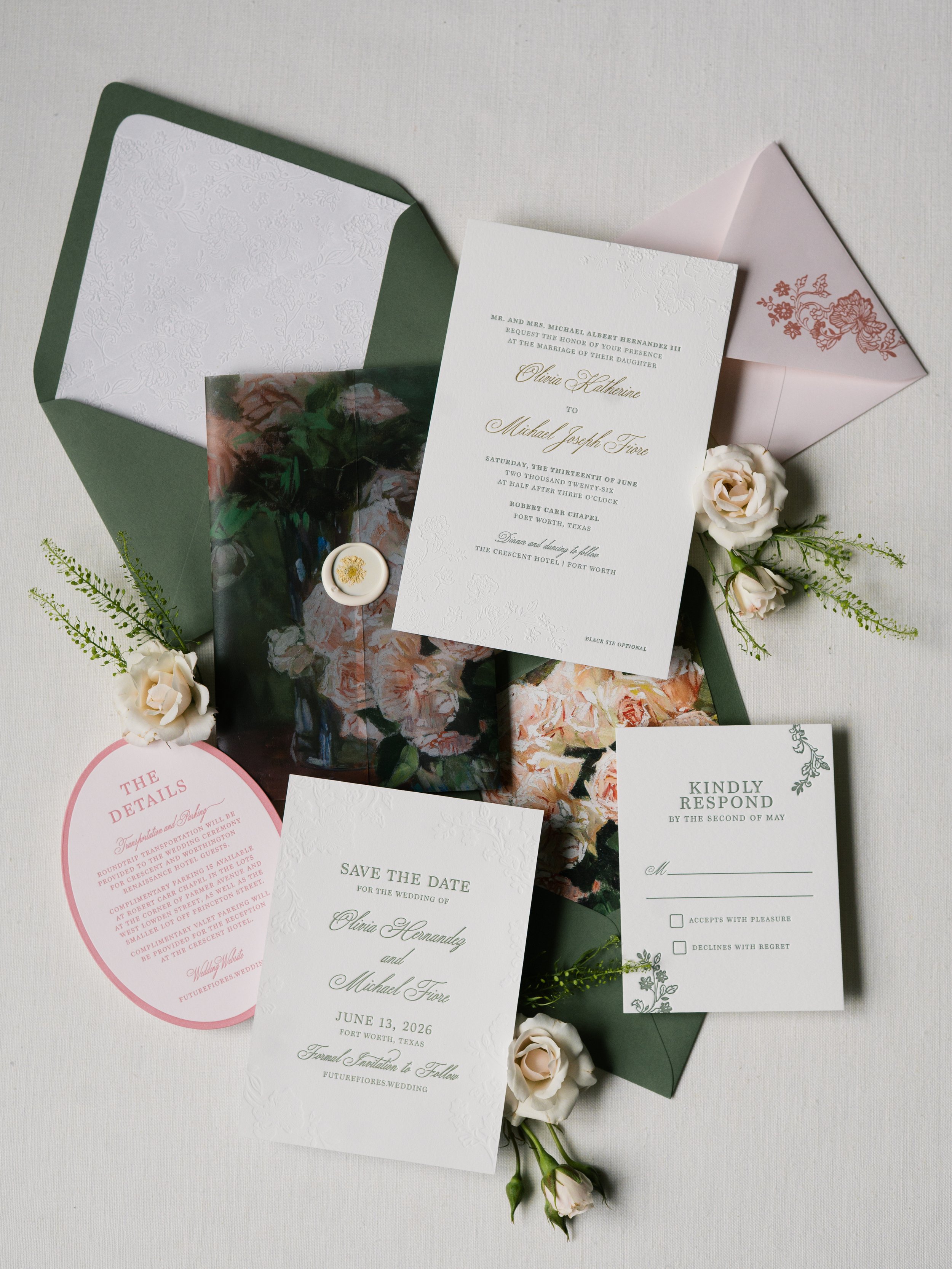 3D Sculpted Blind Emboss Wedding invitation with Green Letterpress and Gold Foil Stamp with Blush Oval Details and Floral