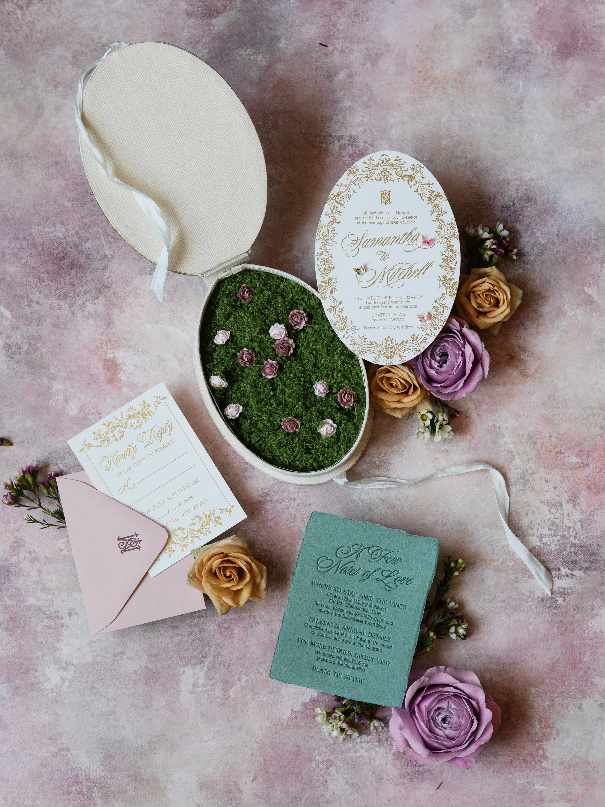 Oval Lattice Boxed Invitation on Bed of Moss and Roses with Handmade Paper, Gold Foil Stamp and Butterfiles