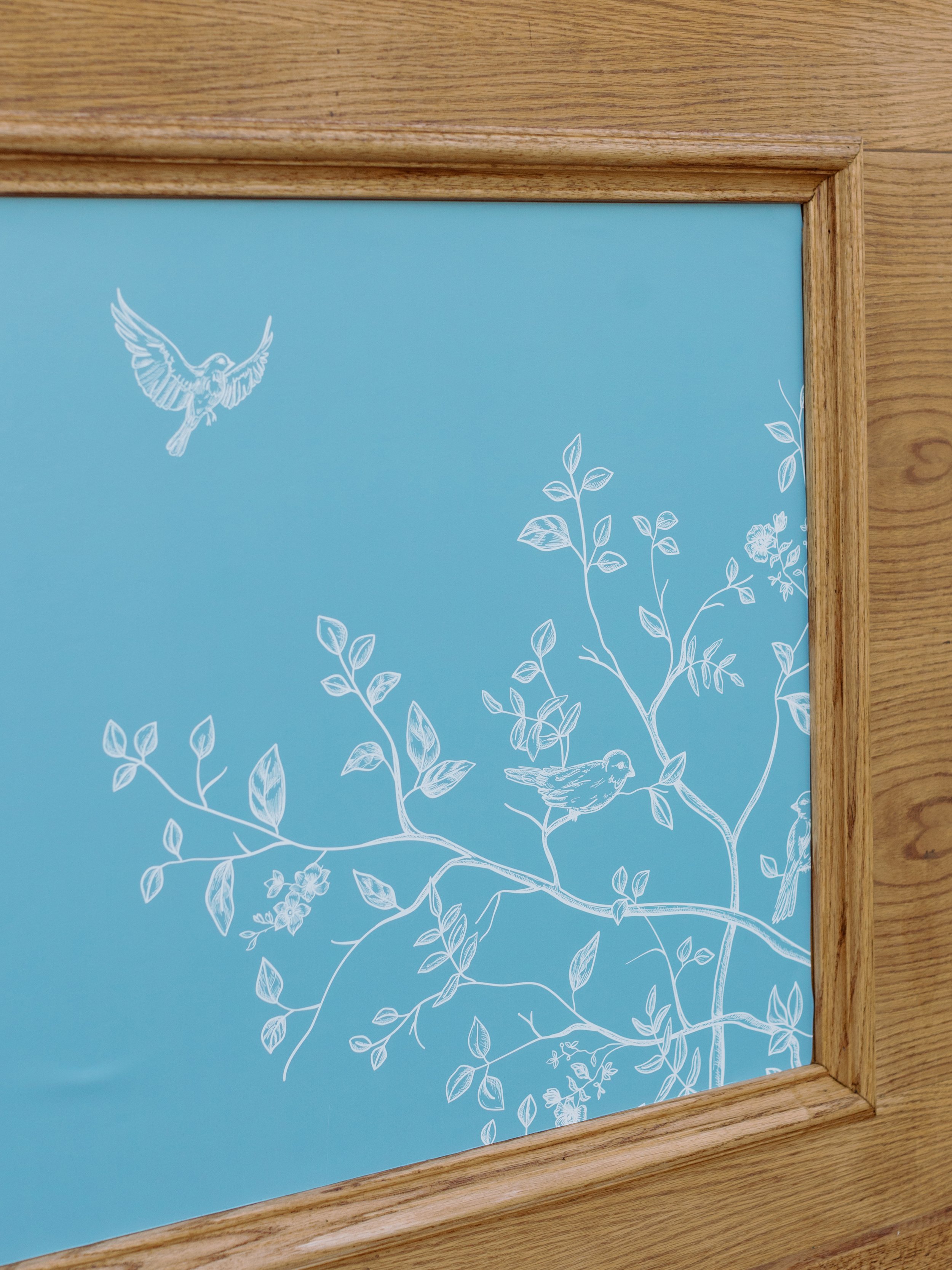 Private Estate Ranch Wedding Custom Bar Inserts in Blue and White with Birds and Flowers
