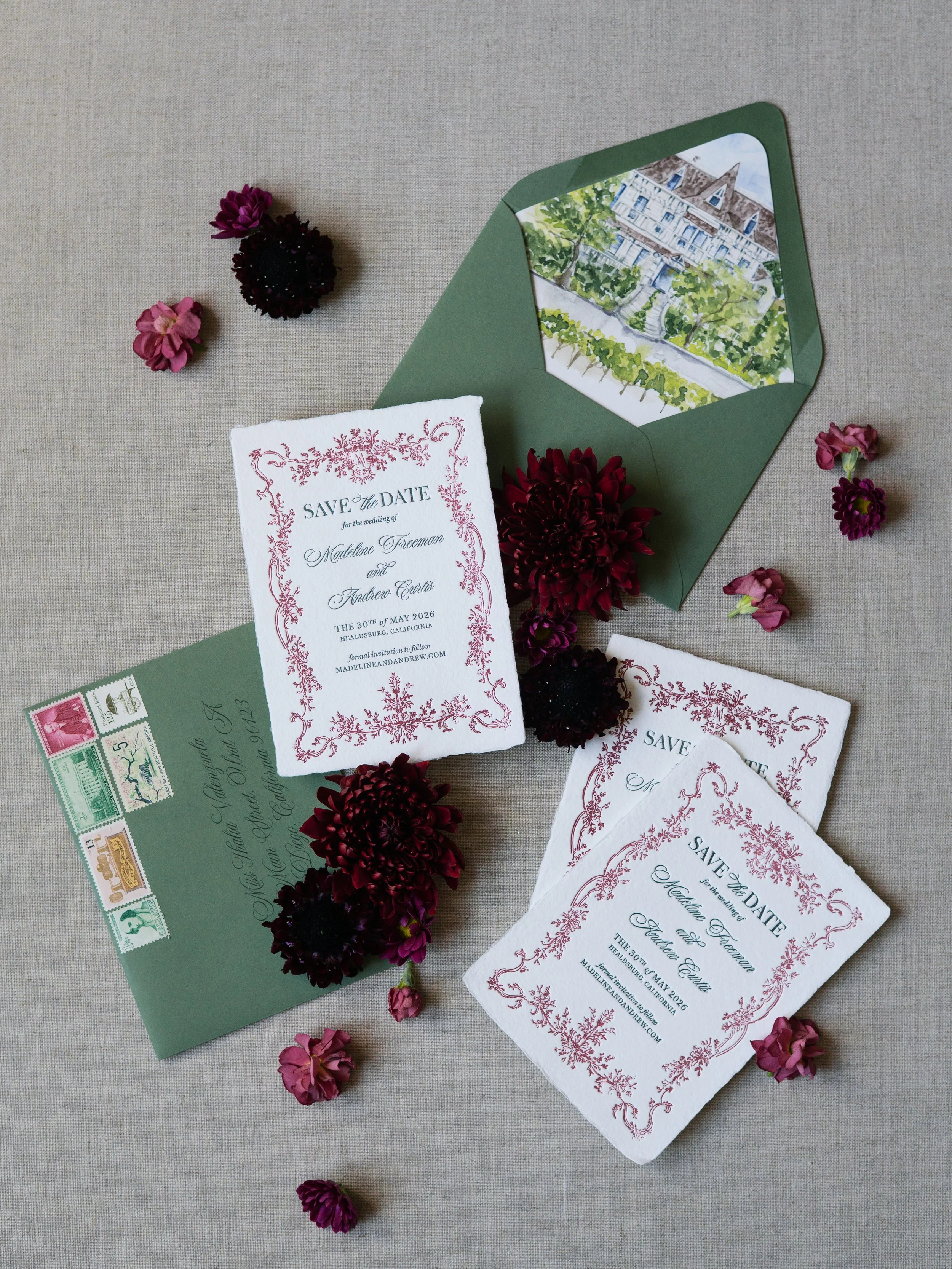 Save the Date with Handmade Paper and Deckled Edges, 2-Color Letterpress and Watercolor Illustration of Venue