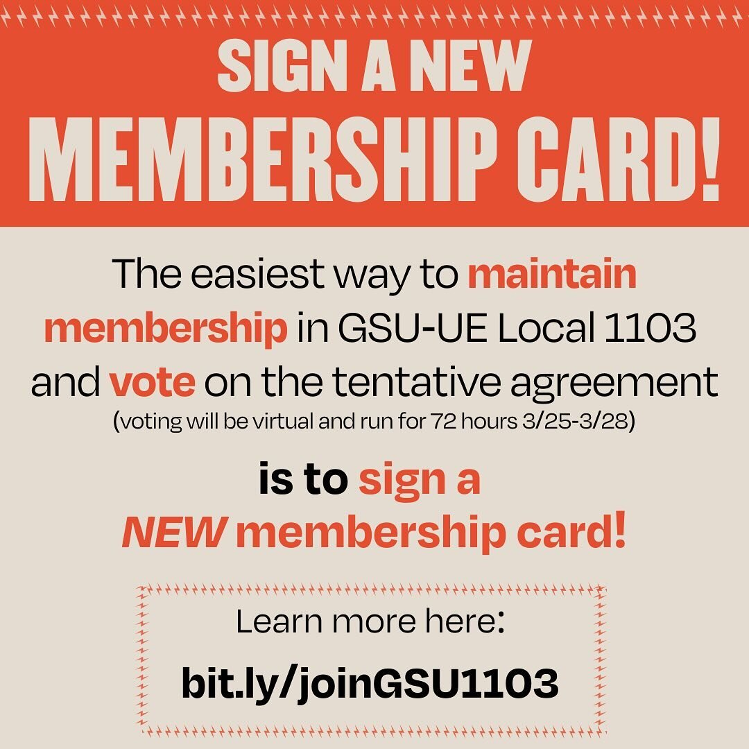 With our contract ratification vote fast approaching now is a great time to sign your new union card! We released our new dues authorization cards on March 12th! Please go to the link in our bio or bit.ly/joinGSU1103 to learn more!