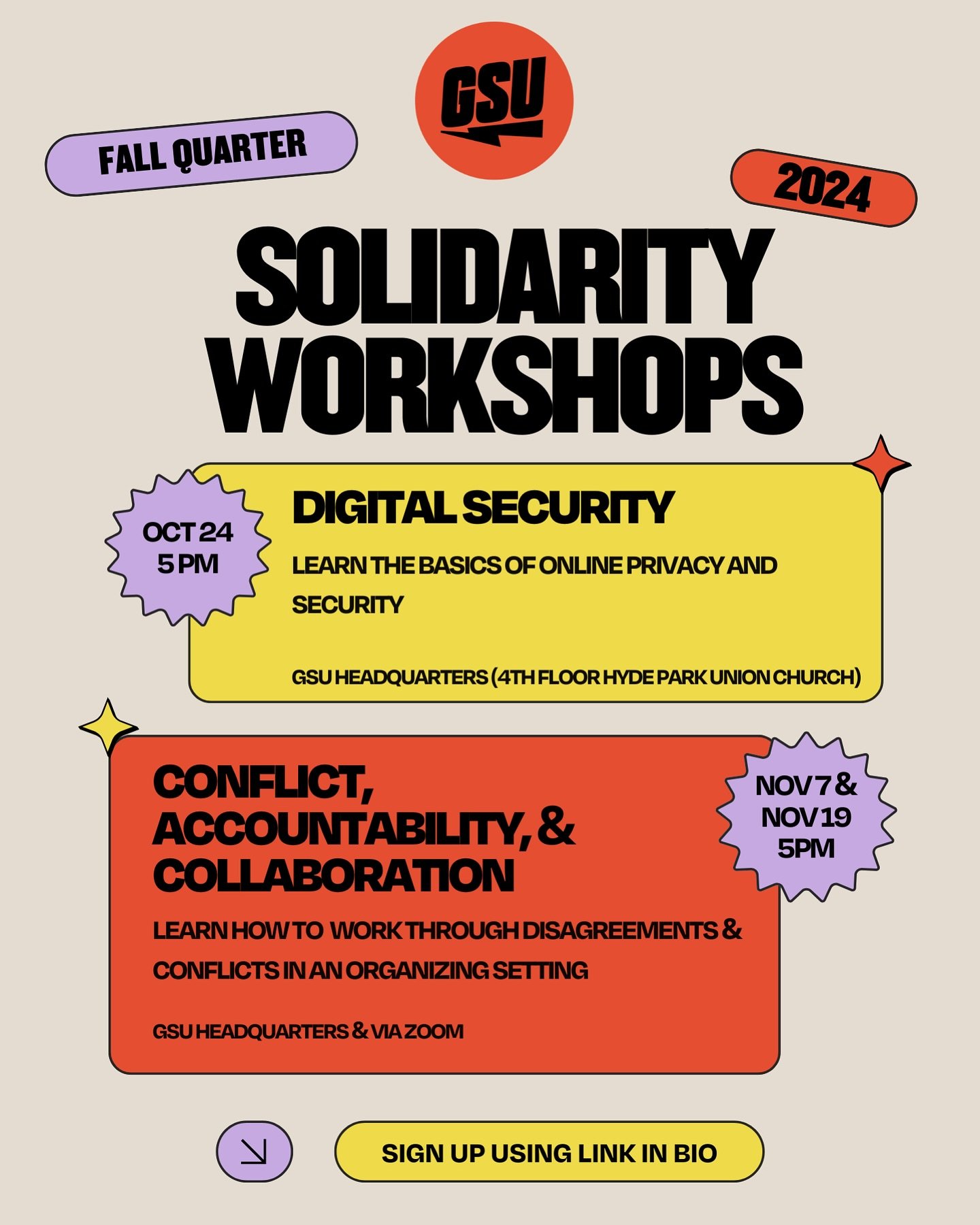 This week we kick off our Fall Solidarity Workshop series! Join us thursday 10/24 at 5pm for a teach-in covering the basics of online privacy and security through concrete steps and hands-on activities. Also register in advance for our workshops on c