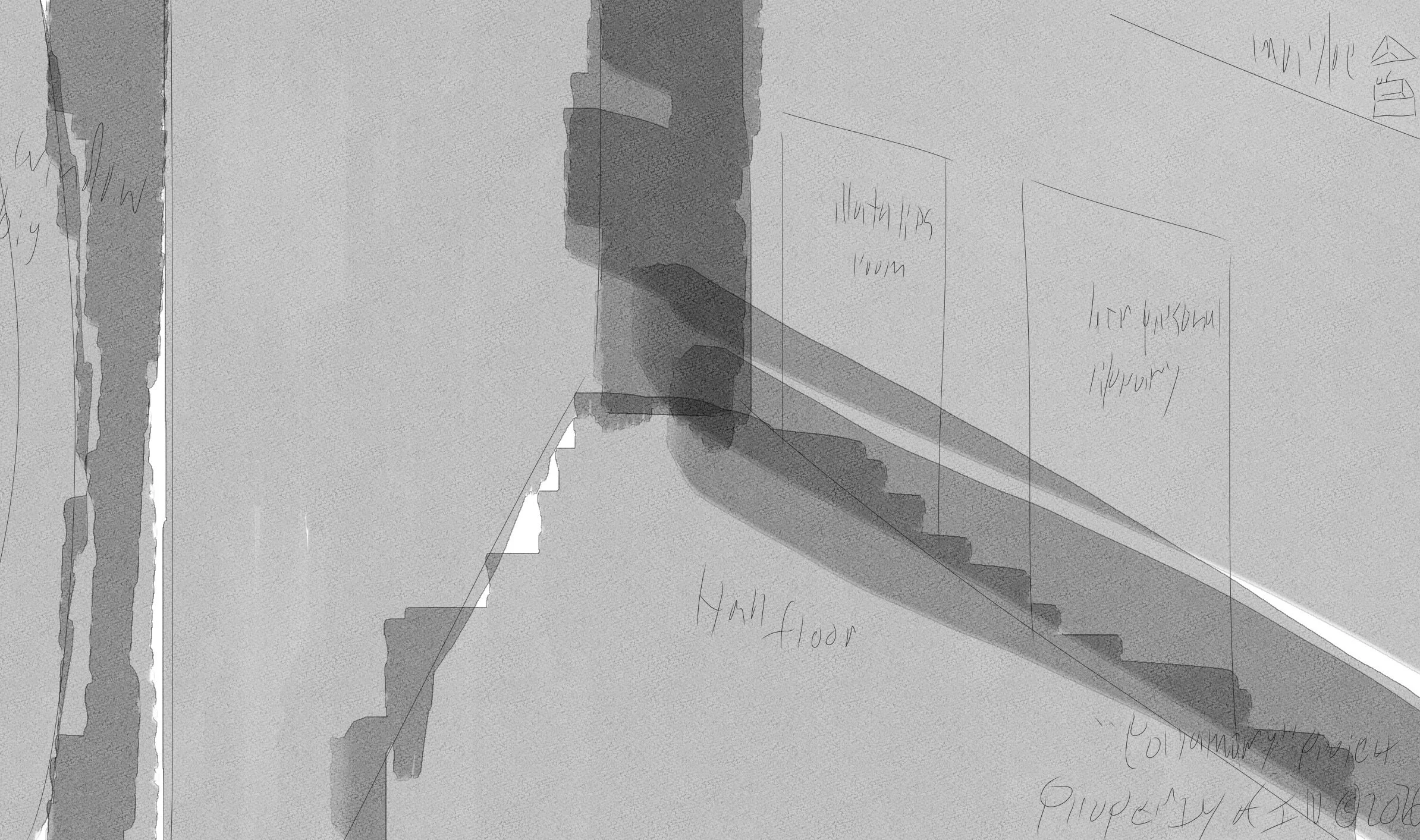 A draft of character Natalie's way-to-her-room in "Polyamory"