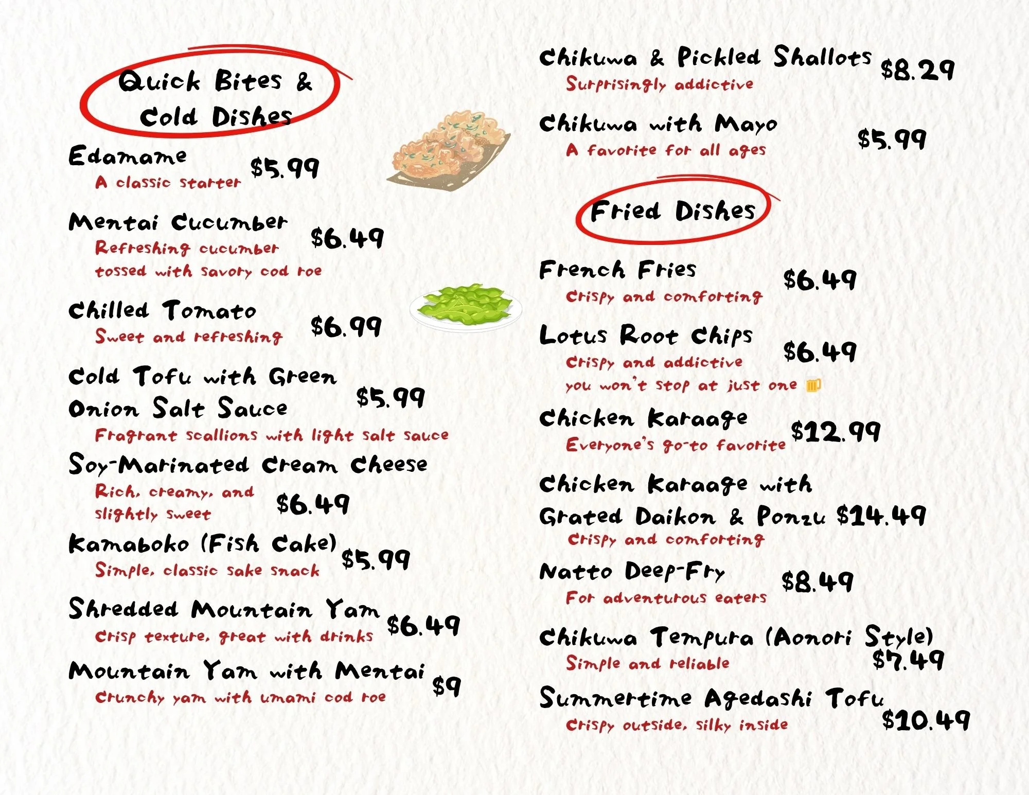 Menu with sections titled 'Quick Bites & Cold Dishes' and 'Fried Dishes' featuring various Japanese appetizers, fried foods, and tofu dishes with prices in dollars.