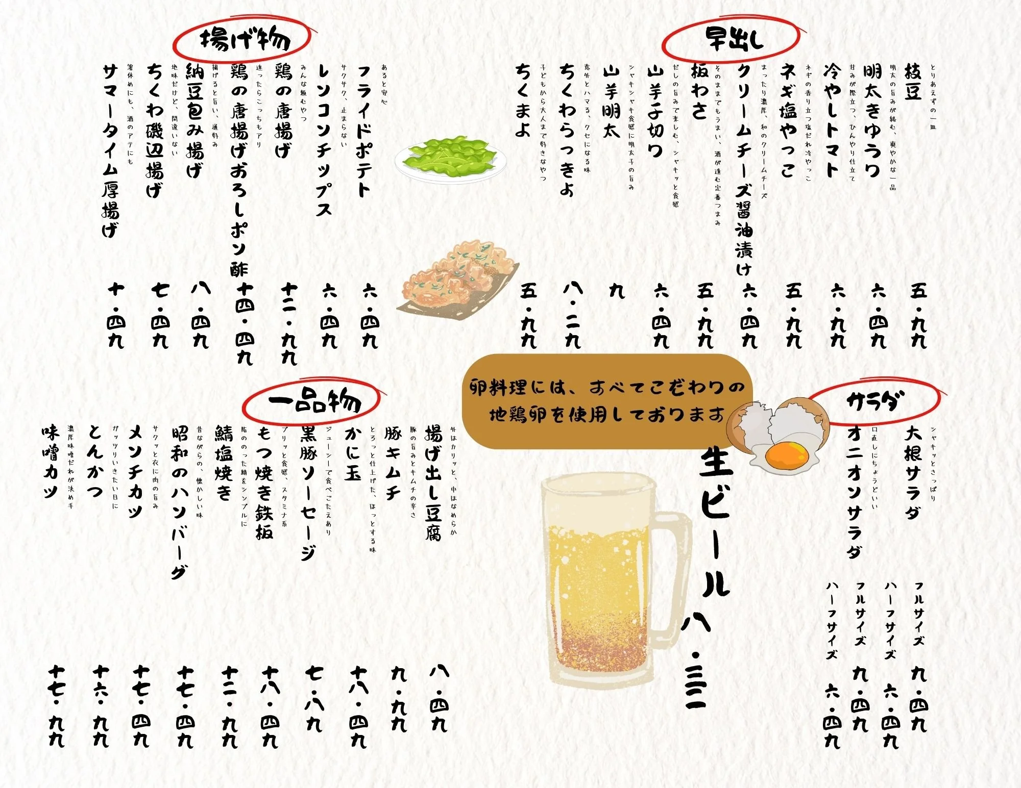 Japanese menu with sections labeled "揚げ物" (Fried Foods), "一品物" (Side Dishes), "早出" (Early Dishes), "サラダ" (Salad), and "生ビール" (Draft Beer). The menu features illustrations of edamame, a raw egg in a shell, a beer mug, and a small dish of green leafy v