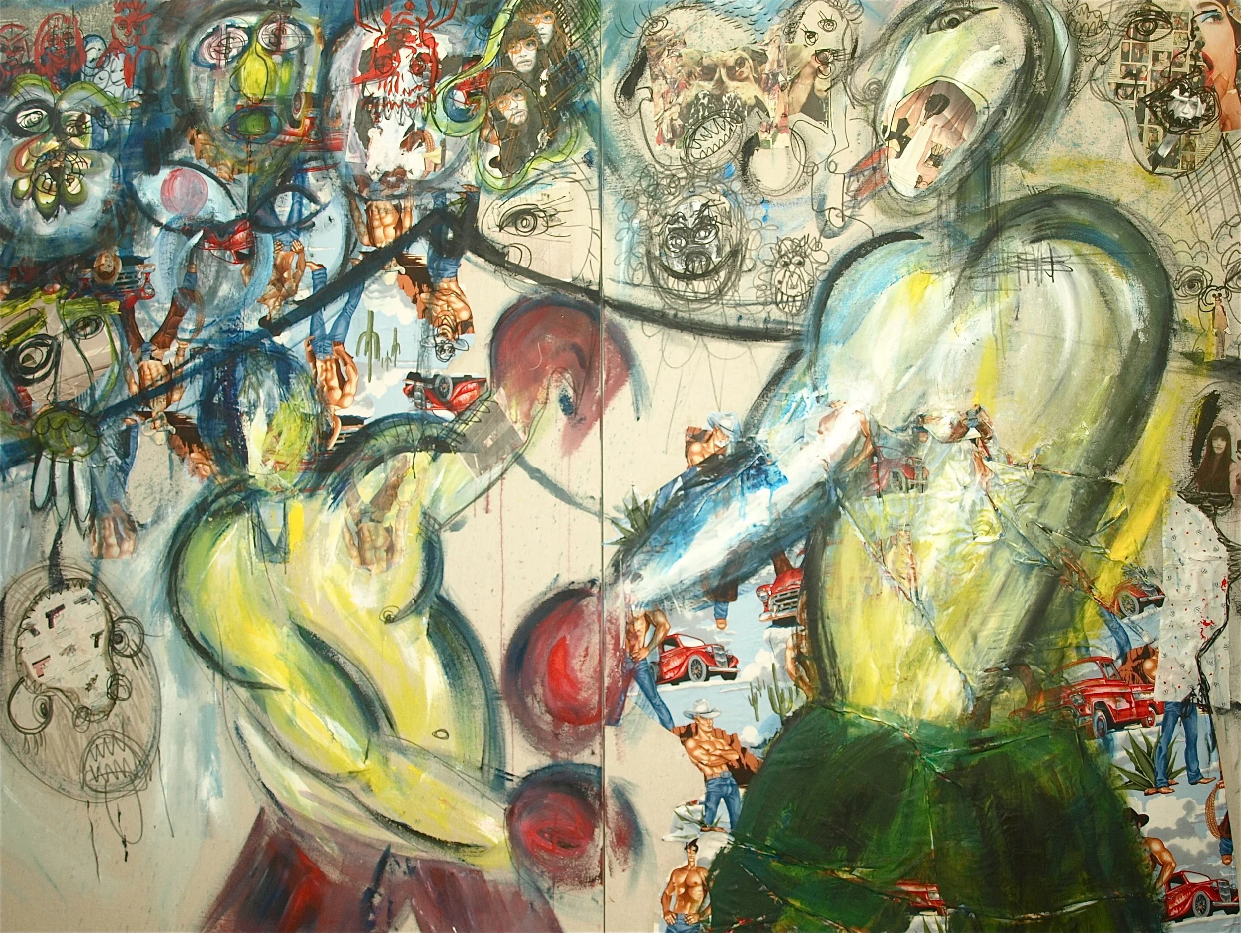 "Friday Night Throwdown," Acrylic, fabric, paper, and magic marker on canvas, (Diptych), 96  W x 48 H inches, 2010.