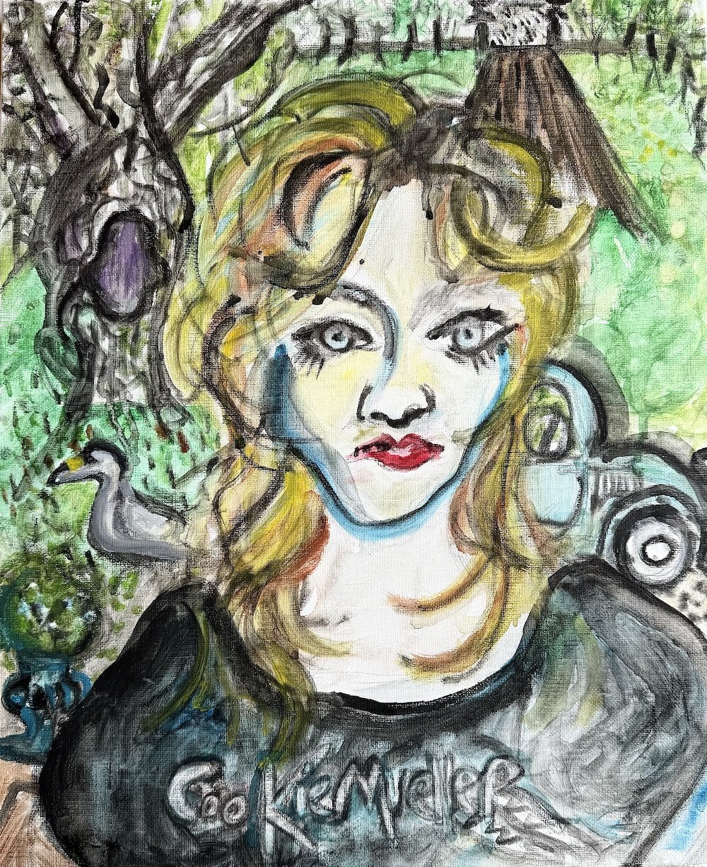 "Cookie Mueller in the Garden," Gouache, graphite, marker on canvas, 14" W x 18" H, 2024. 