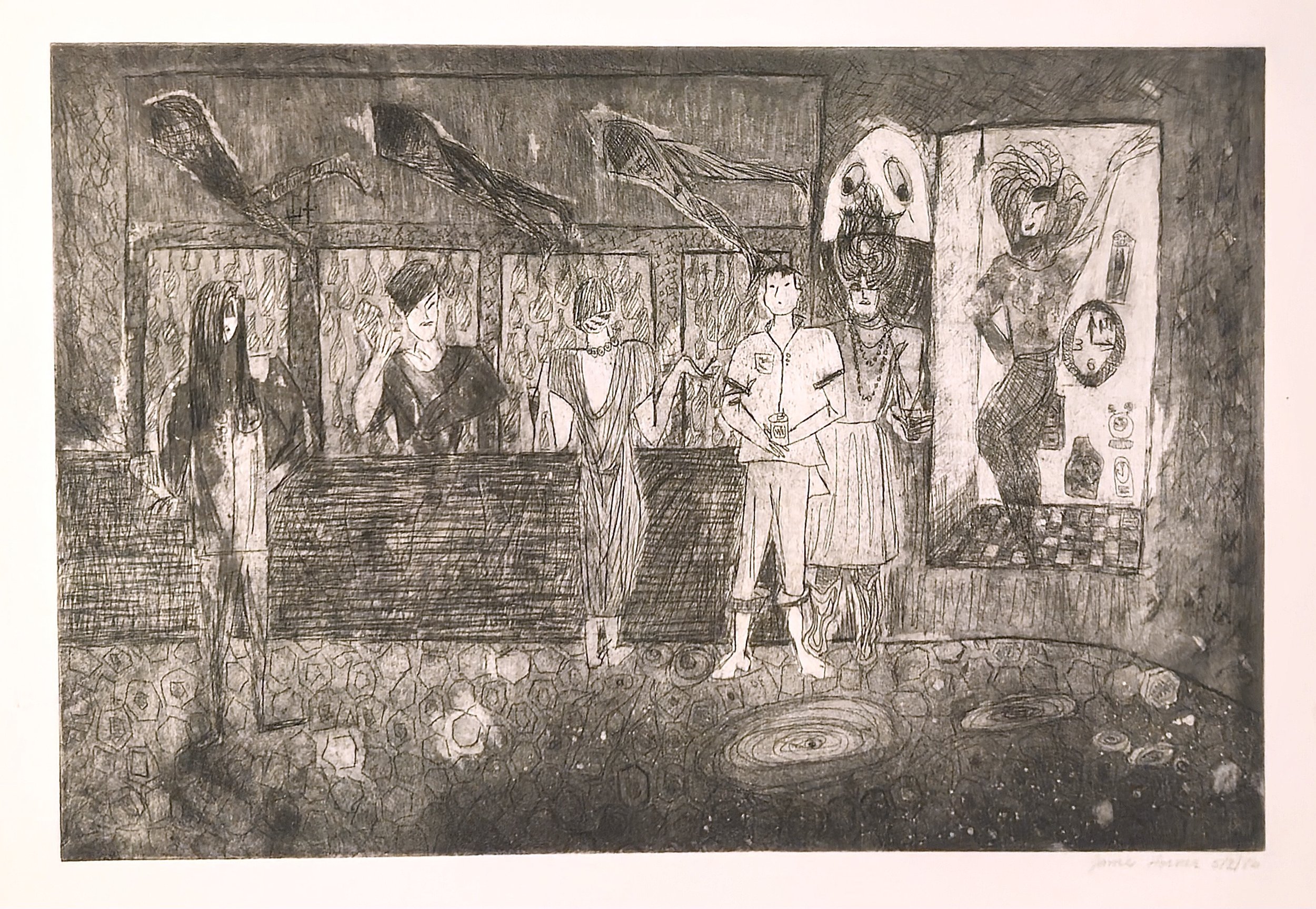 "Last Night at Area," Etching on paper, 20 1/4 W x 15 H inches, 1986.