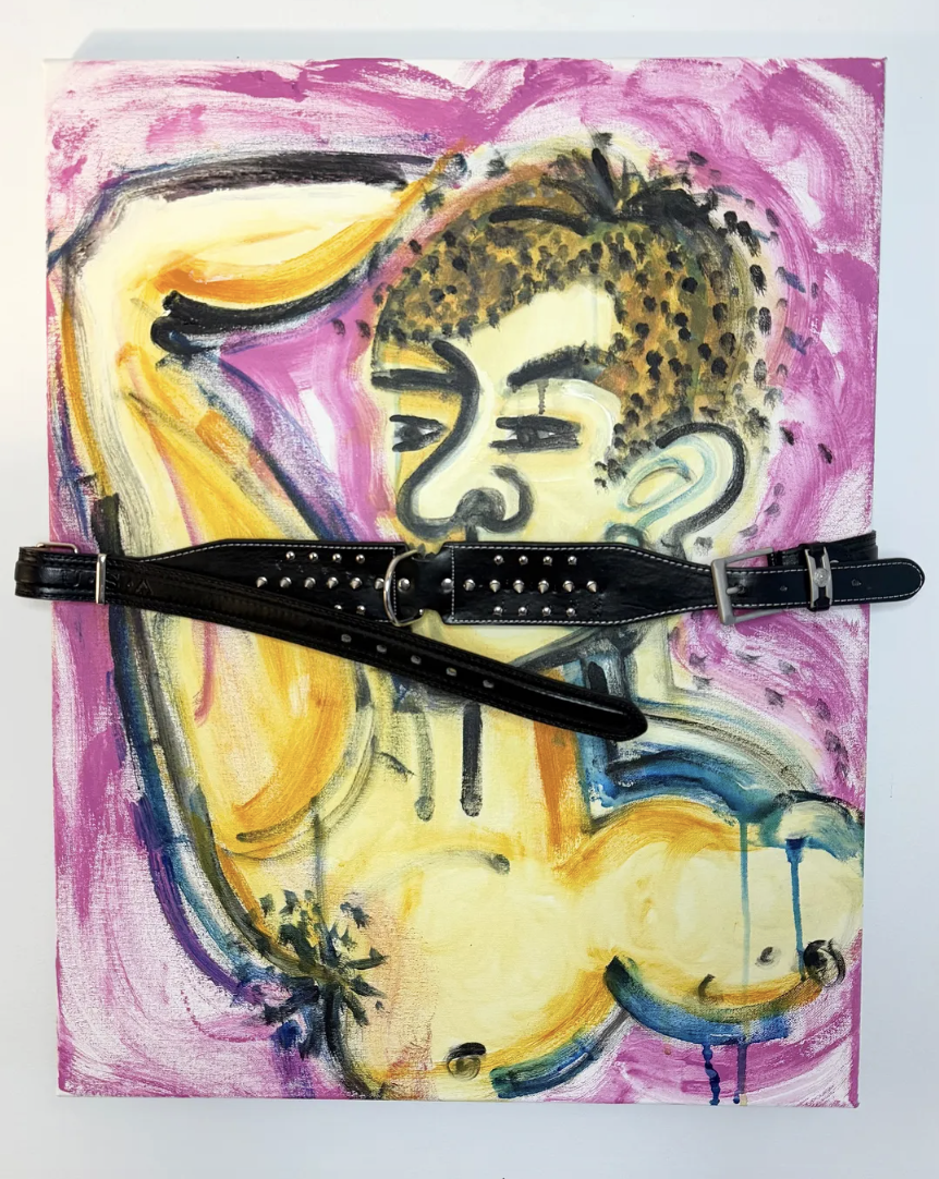 "The Silenced Dandy," Acrylic, metal/leather belt on canvas," 28" H x 22" W, 2025.