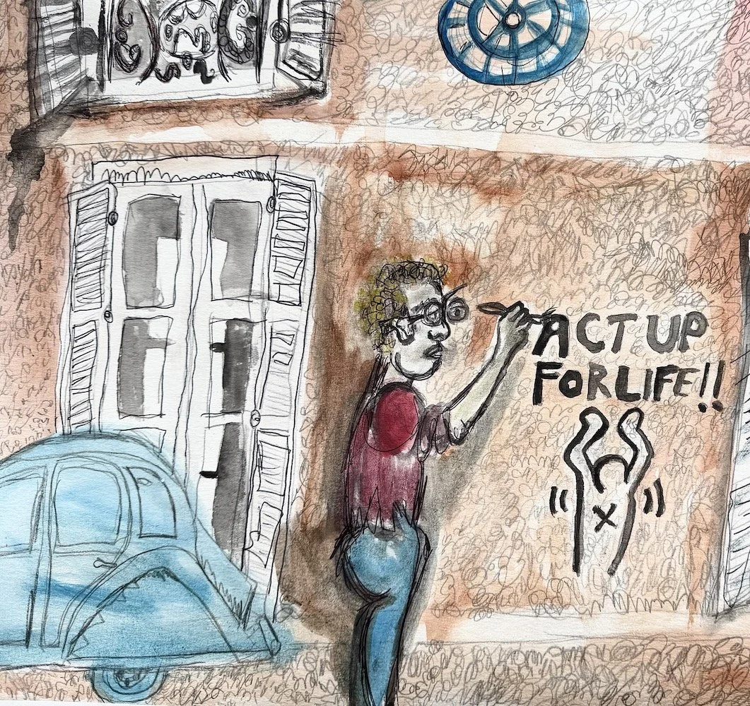 "Keith Haring Going Rogue on the Chateau," Goauche and graphite on paper, 14" W x 11" H, 2024.