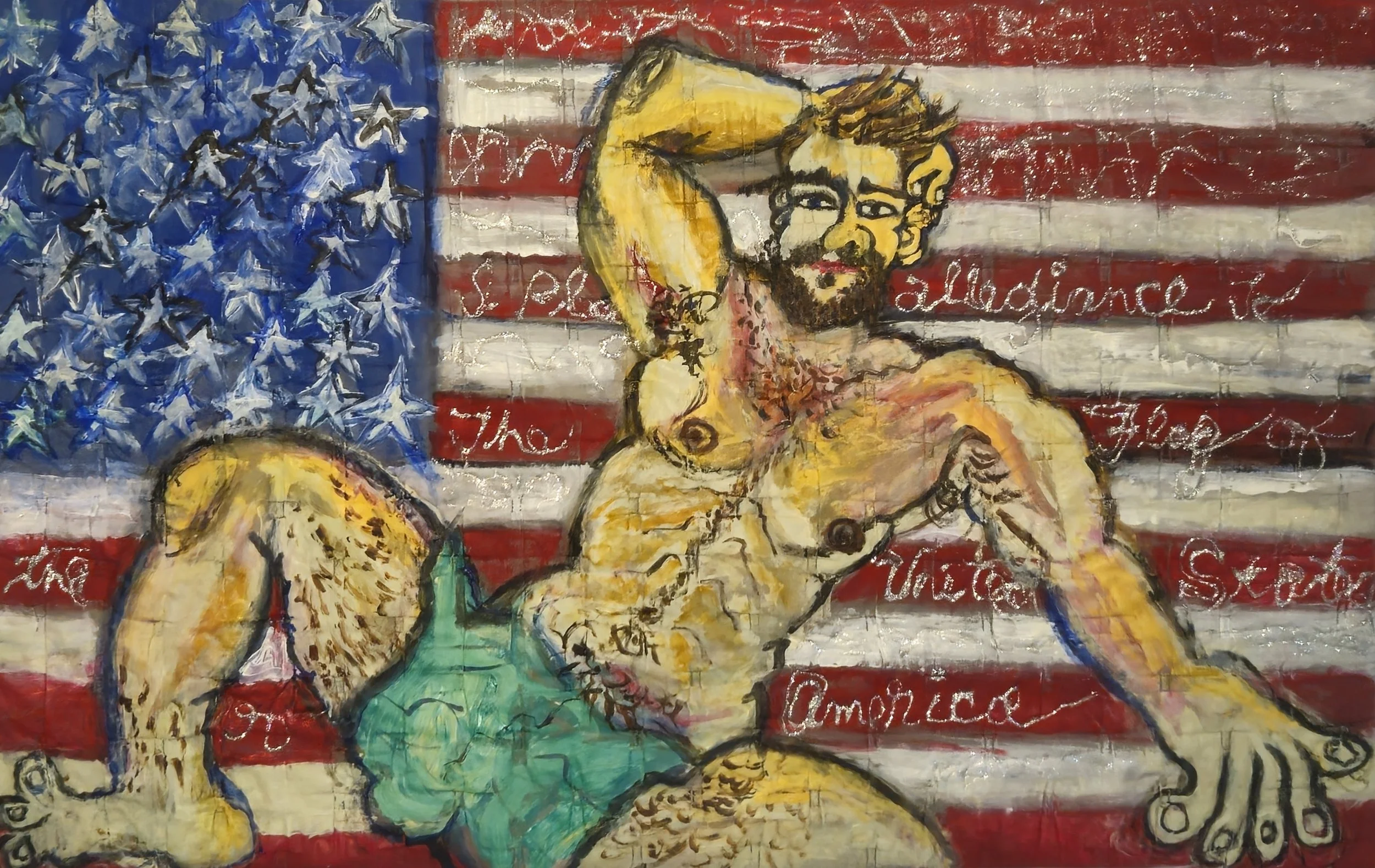 "I Pledge Allegiance," Acrylic, glitter glue, quilted fabric on canvas, 28 1/2  W x 44 1/2  H x 2 D inches, 2025.