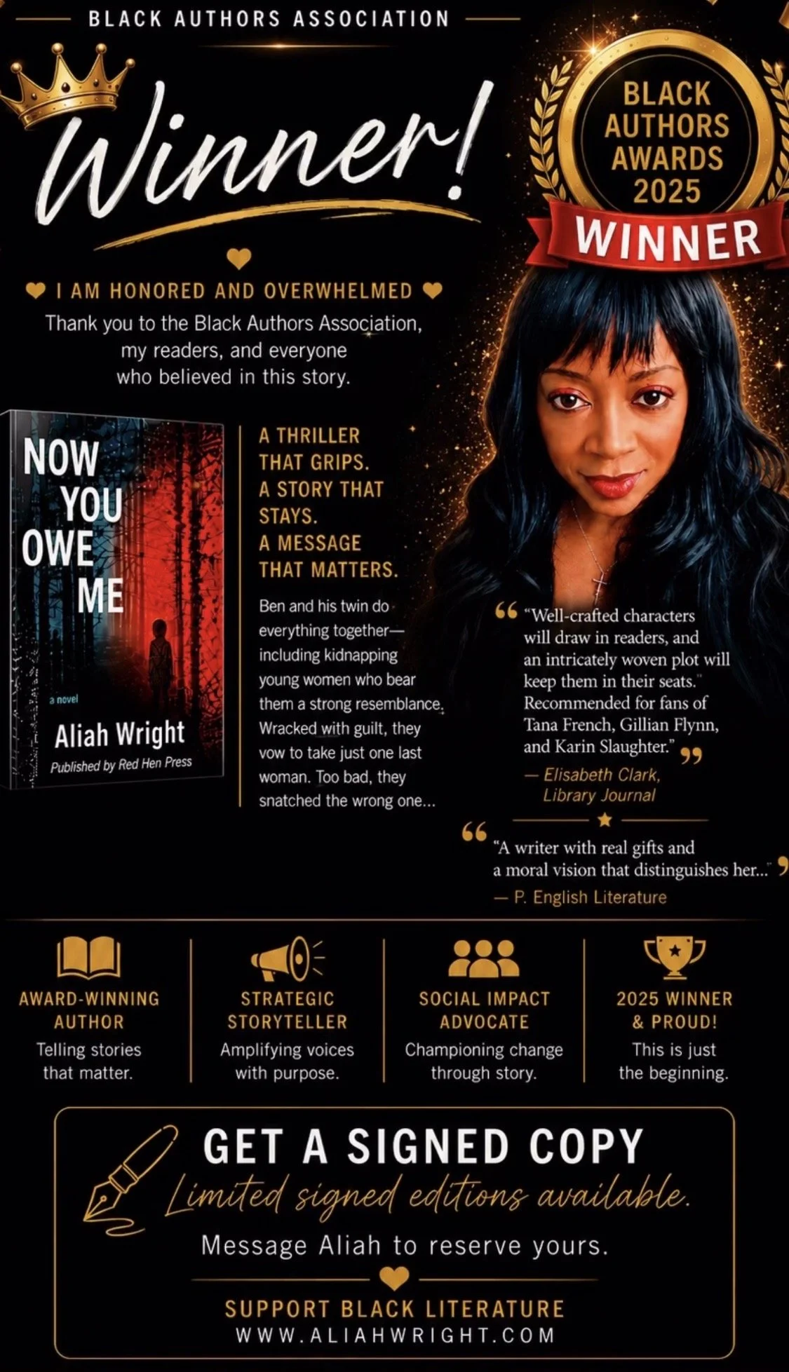 Award display for Black Authors Awards 2025 with a photograph of Aliah Wright, a book titled 'Now You Owe Me' by Aliah Wright, and information about getting a signed copy.